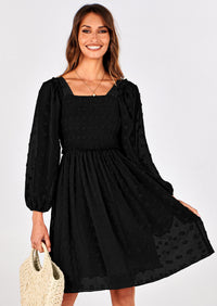 BTFBM Womens Long Sleeve Dress Vacation Square Neck Smocked Floral Swiss Dot Mini Boho Spring Wedding Guest Dresses 2026 PRETTYGARDEN