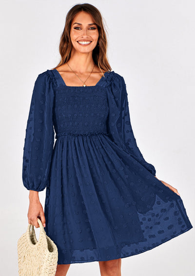 BTFBM Womens Long Sleeve Dress Vacation Square Neck Smocked Floral Swiss Dot Mini Boho Spring Wedding Guest Dresses 2026 PRETTYGARDEN