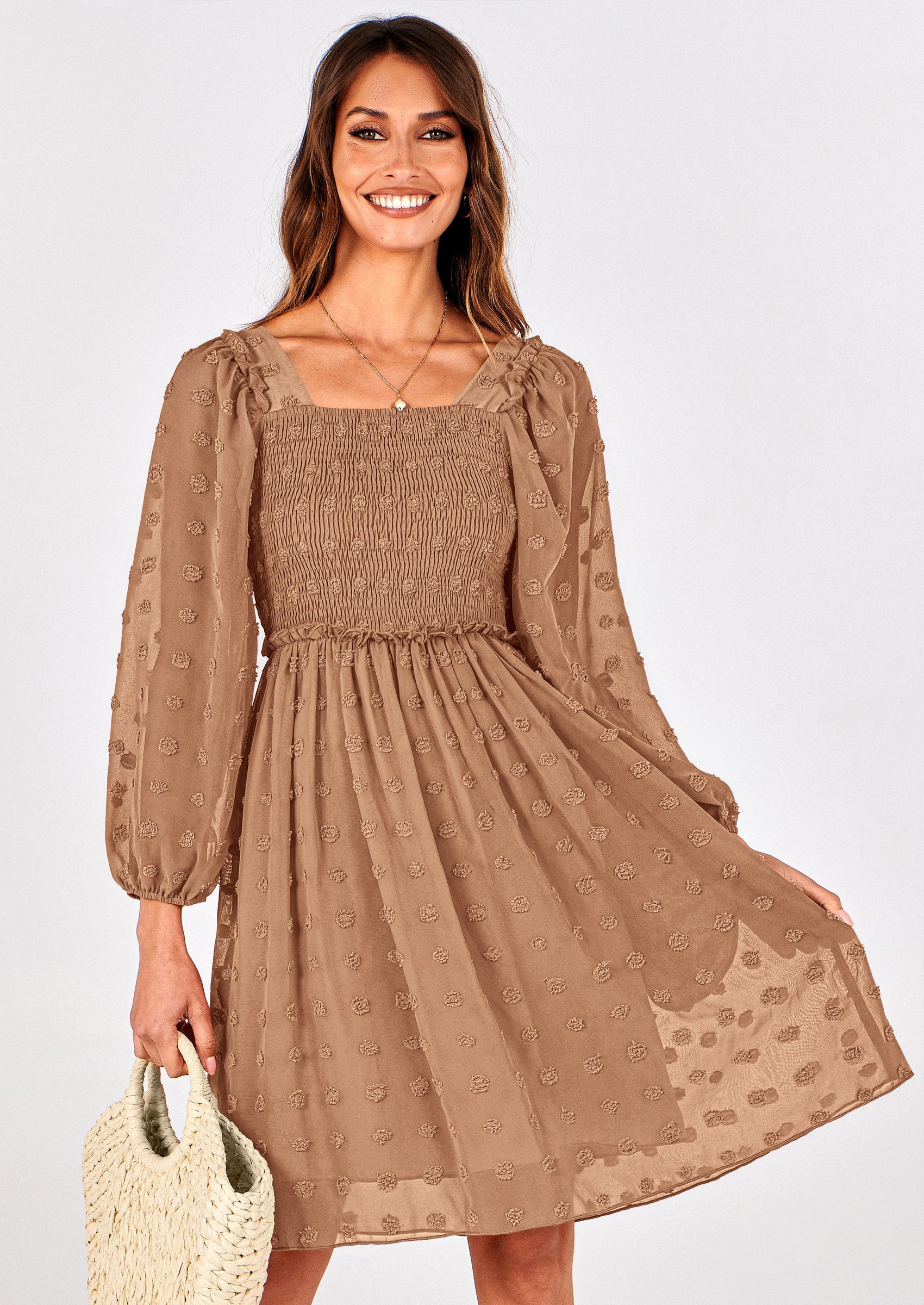 BTFBM Womens Long Sleeve Dress Vacation Square Neck Smocked Floral Swiss Dot Mini Boho Spring Wedding Guest Dresses 2026 PRETTYGARDEN