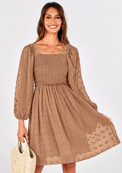 BTFBM Womens Long Sleeve Dress Vacation Square Neck Smocked Floral Swiss Dot Mini Boho Spring Wedding Guest Dresses 2026 PRETTYGARDEN