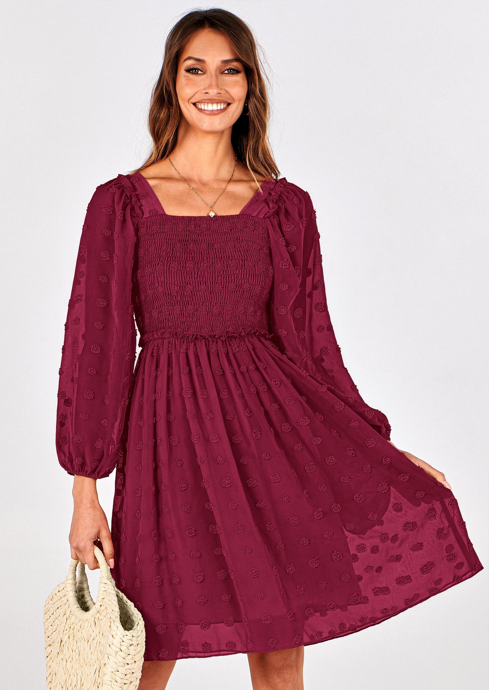 BTFBM Womens Long Sleeve Dress Vacation Square Neck Smocked Floral Swiss Dot Mini Boho Spring Wedding Guest Dresses 2026 PRETTYGARDEN