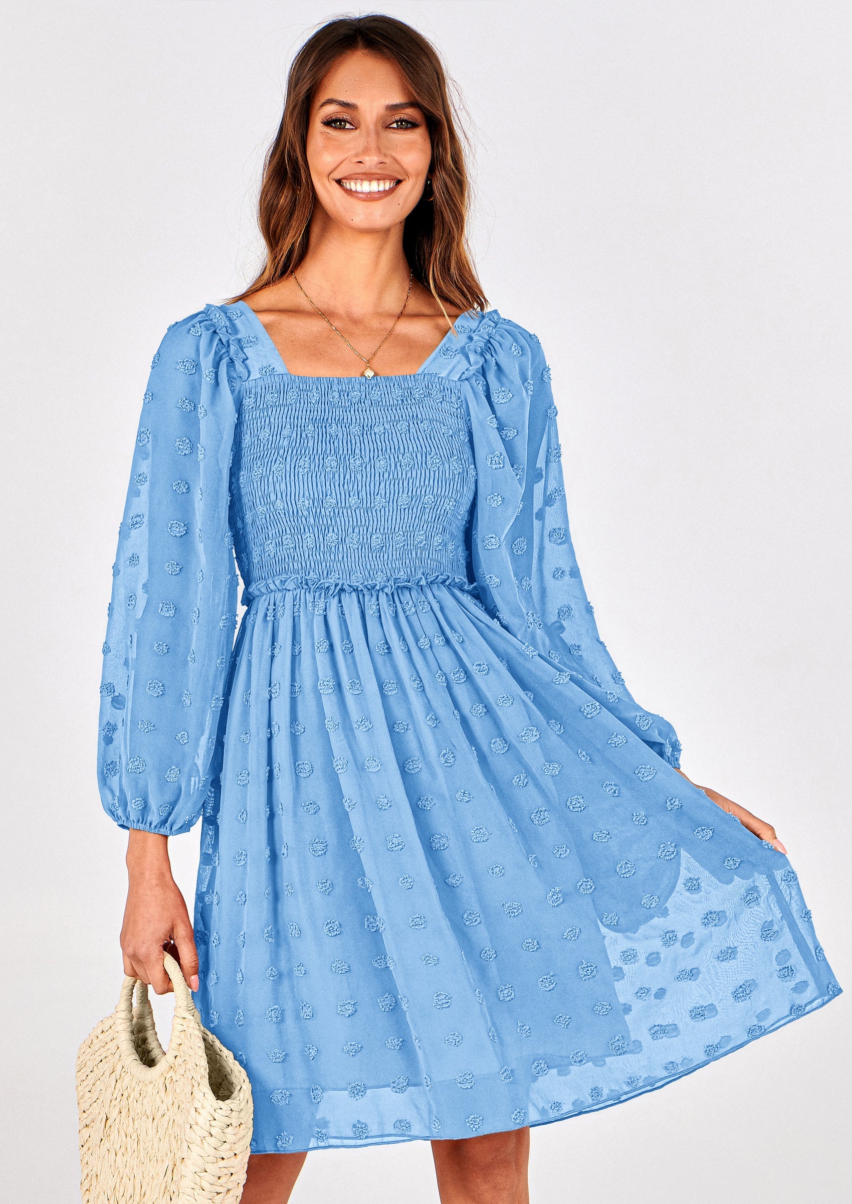 BTFBM Womens Long Sleeve Dress Vacation Square Neck Smocked Floral Swiss Dot Mini Boho Spring Wedding Guest Dresses 2026 PRETTYGARDEN