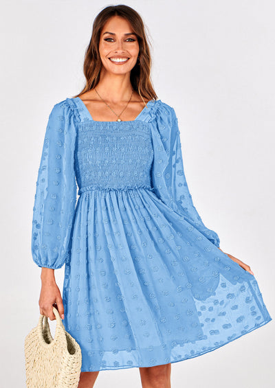 BTFBM Womens Long Sleeve Dress Vacation Square Neck Smocked Floral Swiss Dot Mini Boho Spring Wedding Guest Dresses 2026 PRETTYGARDEN