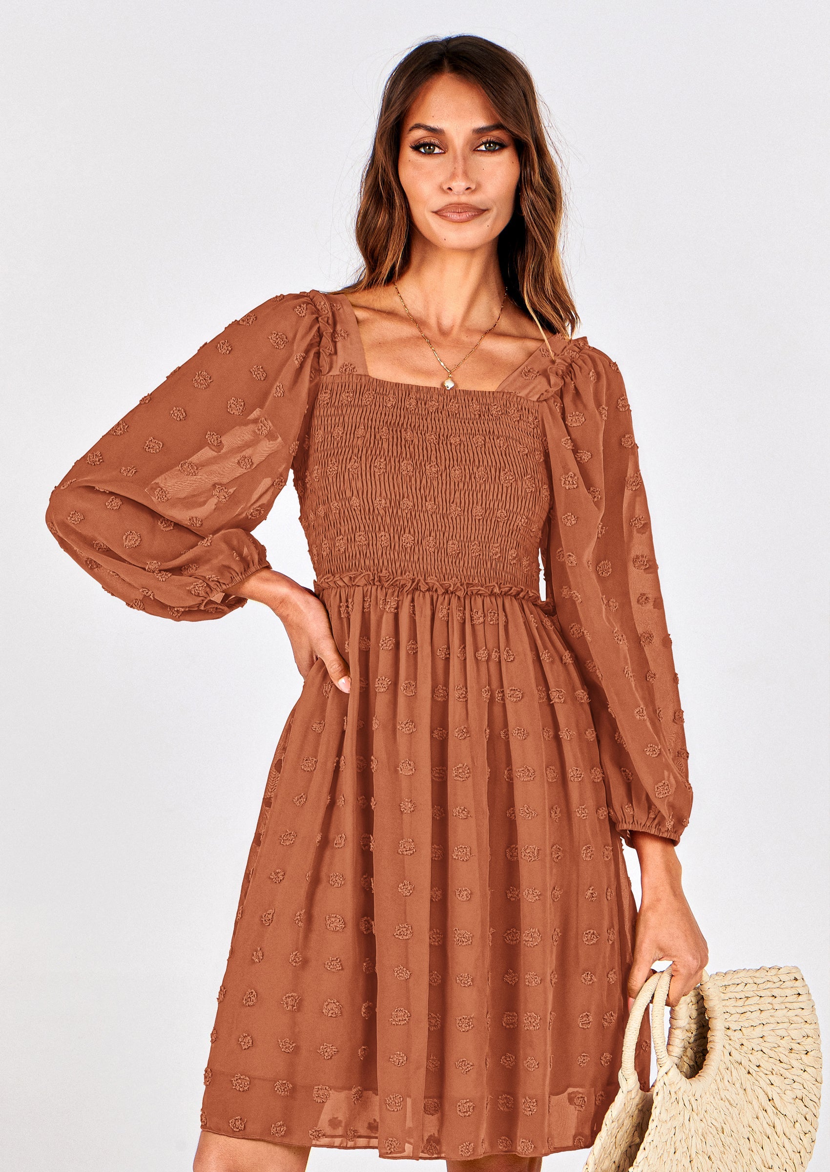 BTFBM Womens Long Sleeve Dress Vacation Square Neck Smocked Floral Swiss Dot Mini Boho Spring Wedding Guest Dresses 2026 PRETTYGARDEN