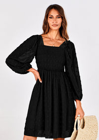 BTFBM Womens Long Sleeve Dress Vacation Square Neck Smocked Floral Swiss Dot Mini Boho Spring Wedding Guest Dresses 2026 PRETTYGARDEN