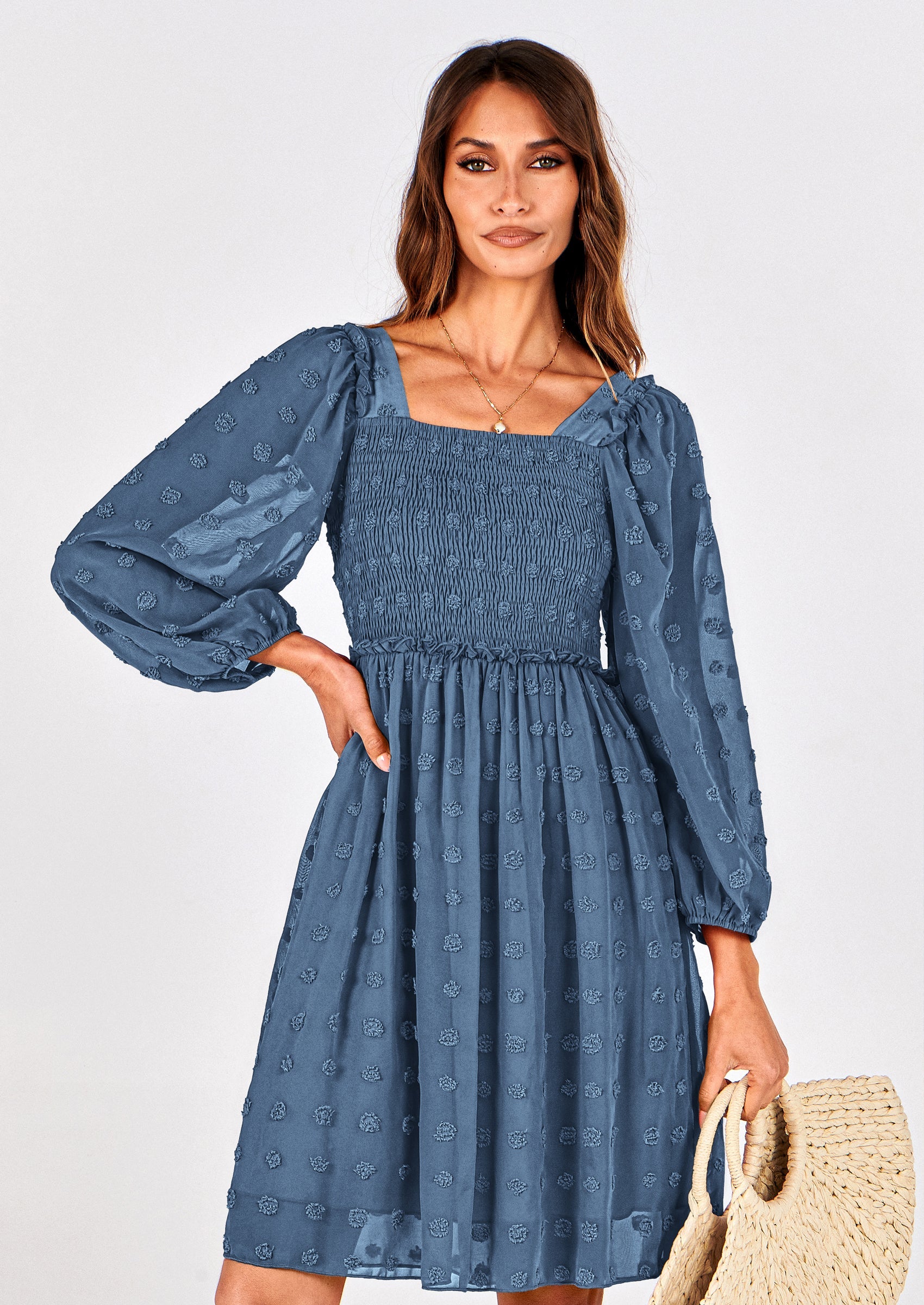 BTFBM Womens Long Sleeve Dress Vacation Square Neck Smocked Floral Swiss Dot Mini Boho Spring Wedding Guest Dresses 2026 PRETTYGARDEN