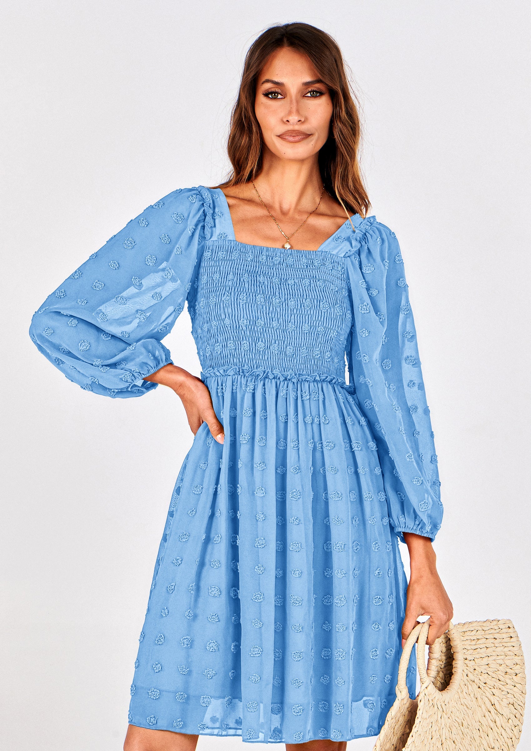 BTFBM Womens Long Sleeve Dress Vacation Square Neck Smocked Floral Swiss Dot Mini Boho Spring Wedding Guest Dresses 2026 PRETTYGARDEN