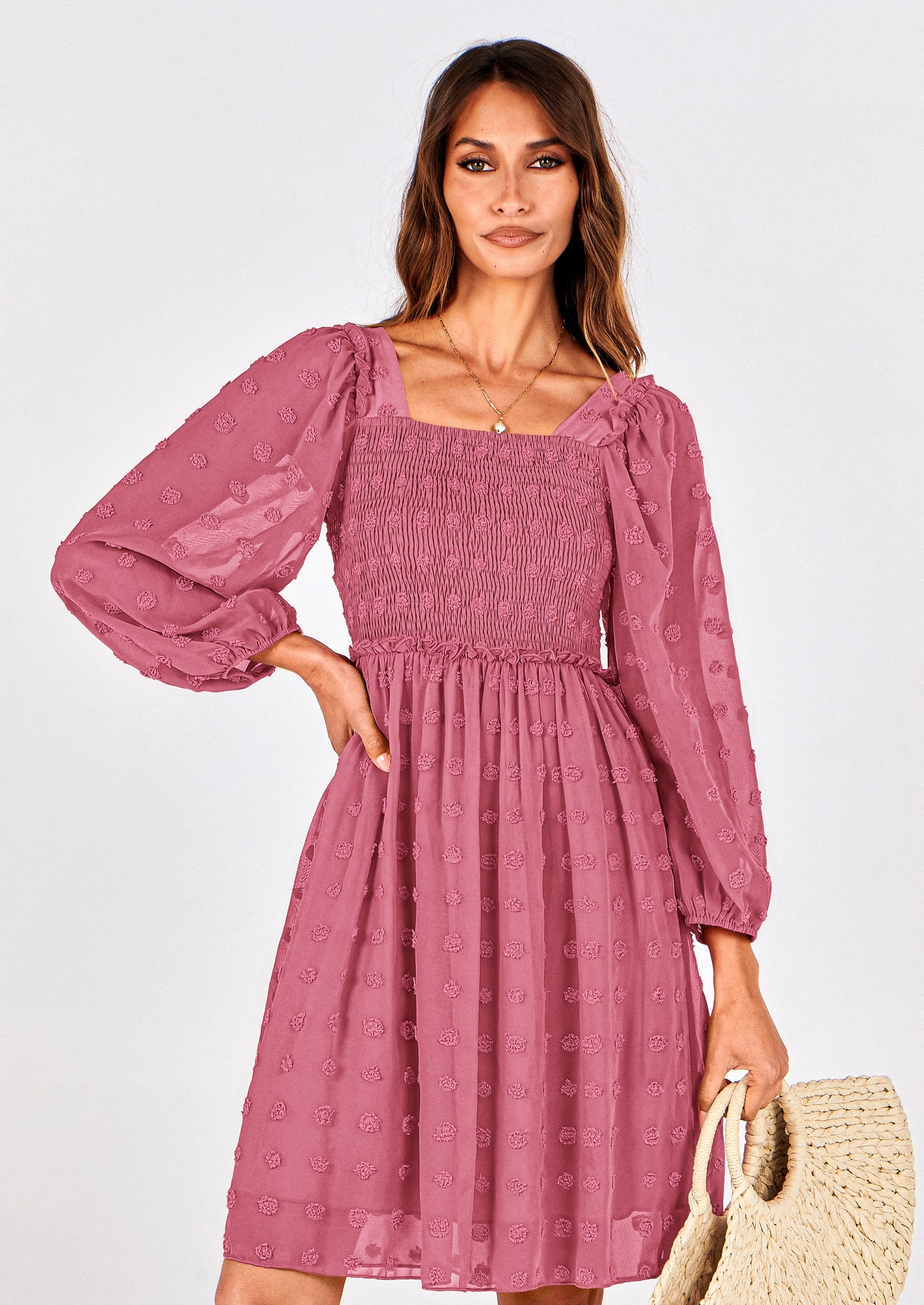 BTFBM Womens Long Sleeve Dress Vacation Square Neck Smocked Floral Swiss Dot Mini Boho Spring Wedding Guest Dresses 2026 PRETTYGARDEN