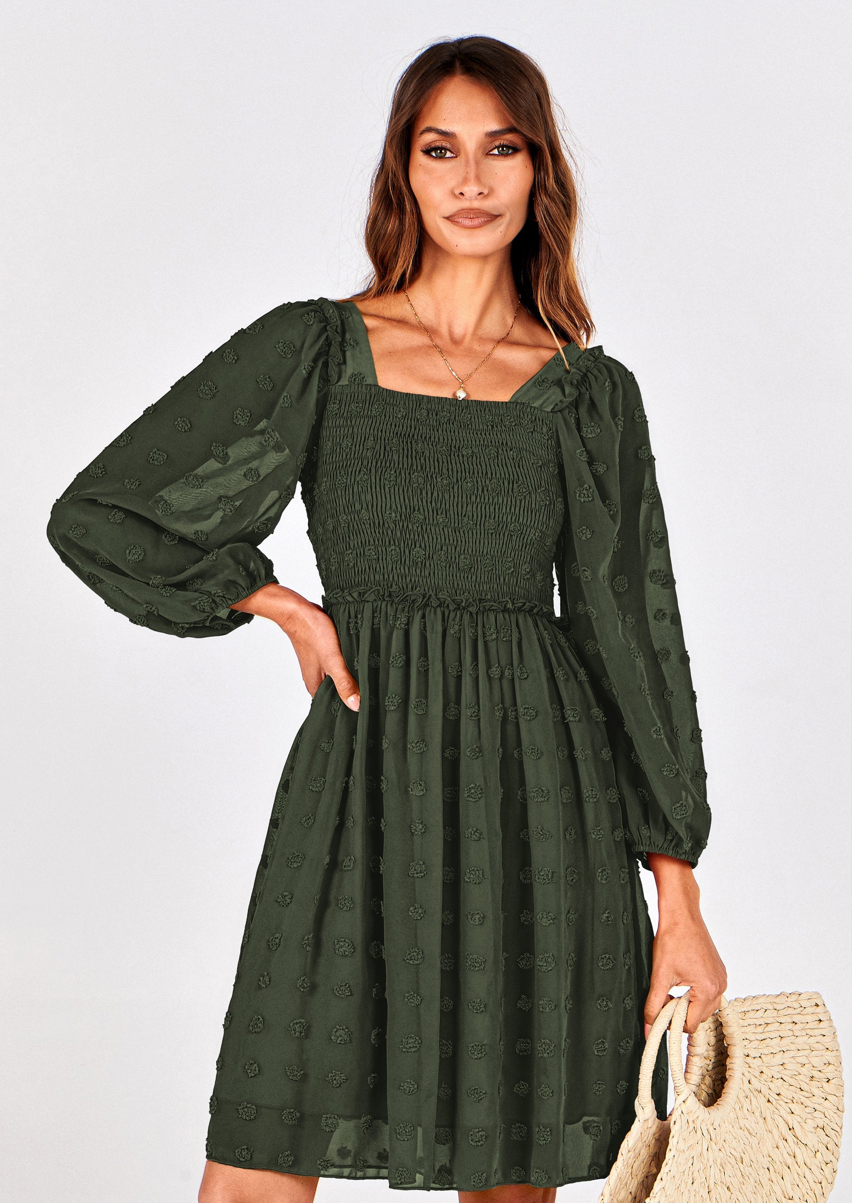 BTFBM Womens Long Sleeve Dress Vacation Square Neck Smocked Floral Swiss Dot Mini Boho Spring Wedding Guest Dresses 2026 PRETTYGARDEN