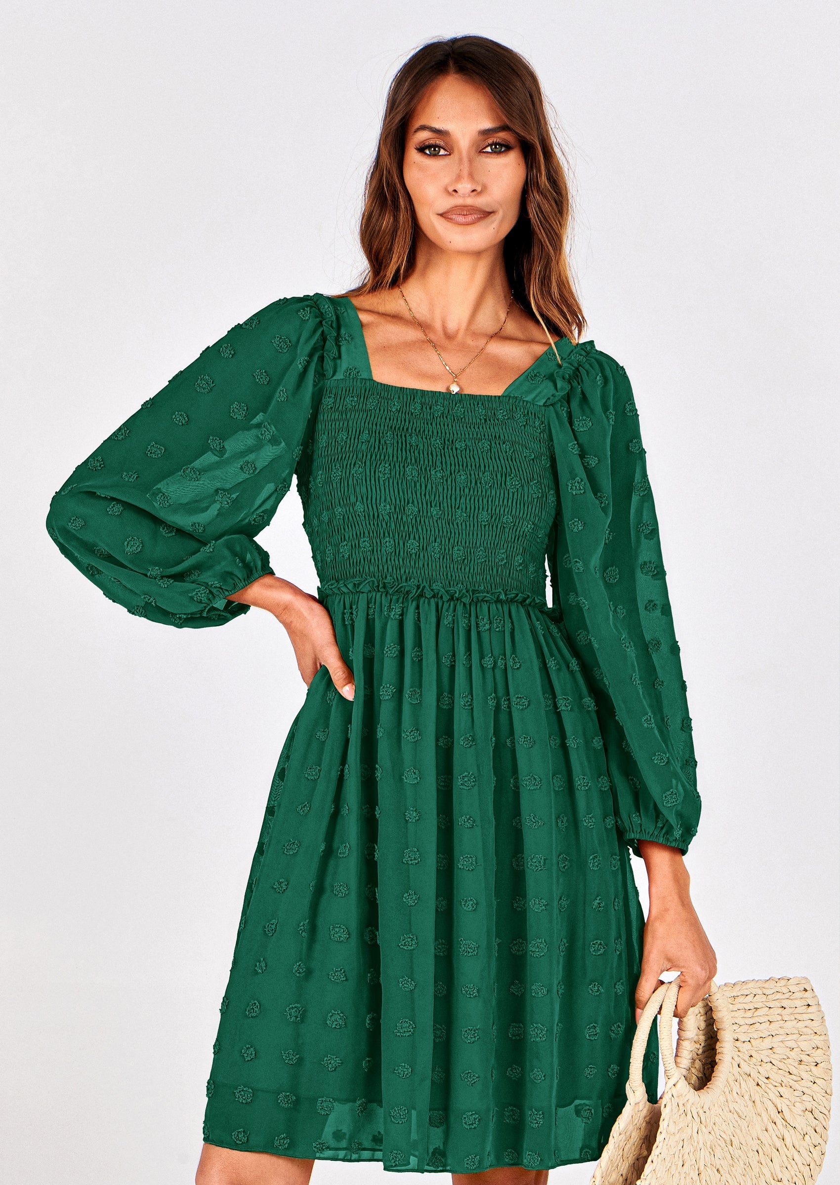 BTFBM Womens Long Sleeve Dress Vacation Square Neck Smocked Floral Swiss Dot Mini Boho Spring Wedding Guest Dresses 2026 PRETTYGARDEN