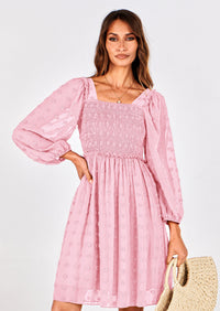 BTFBM Womens Long Sleeve Dress Vacation Square Neck Smocked Floral Swiss Dot Mini Boho Spring Wedding Guest Dresses 2026 PRETTYGARDEN