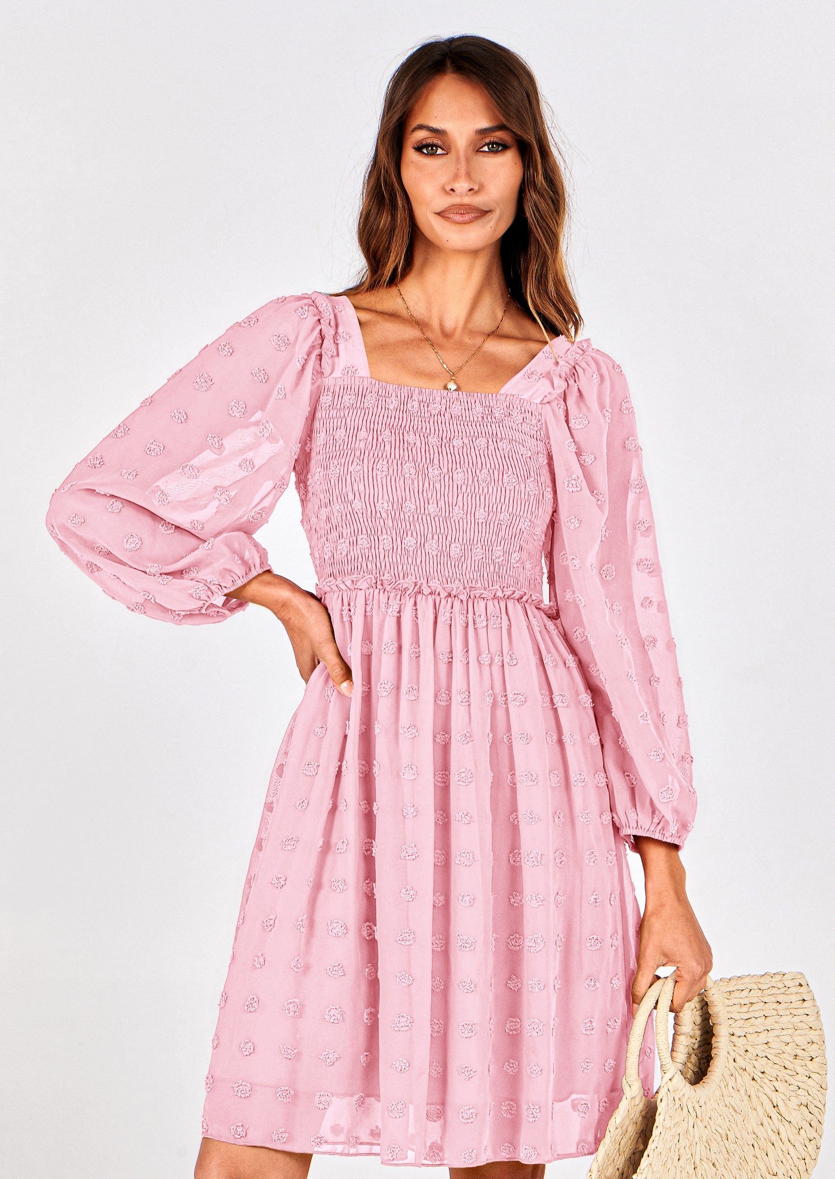 BTFBM Womens Long Sleeve Dress Vacation Square Neck Smocked Floral Swiss Dot Mini Boho Spring Wedding Guest Dresses 2026 PRETTYGARDEN