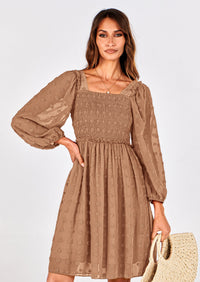 BTFBM Womens Long Sleeve Dress Vacation Square Neck Smocked Floral Swiss Dot Mini Boho Spring Wedding Guest Dresses 2026 PRETTYGARDEN