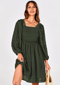 BTFBM Womens Long Sleeve Dress Vacation Square Neck Smocked Floral Swiss Dot Mini Boho Spring Wedding Guest Dresses 2026 PRETTYGARDEN