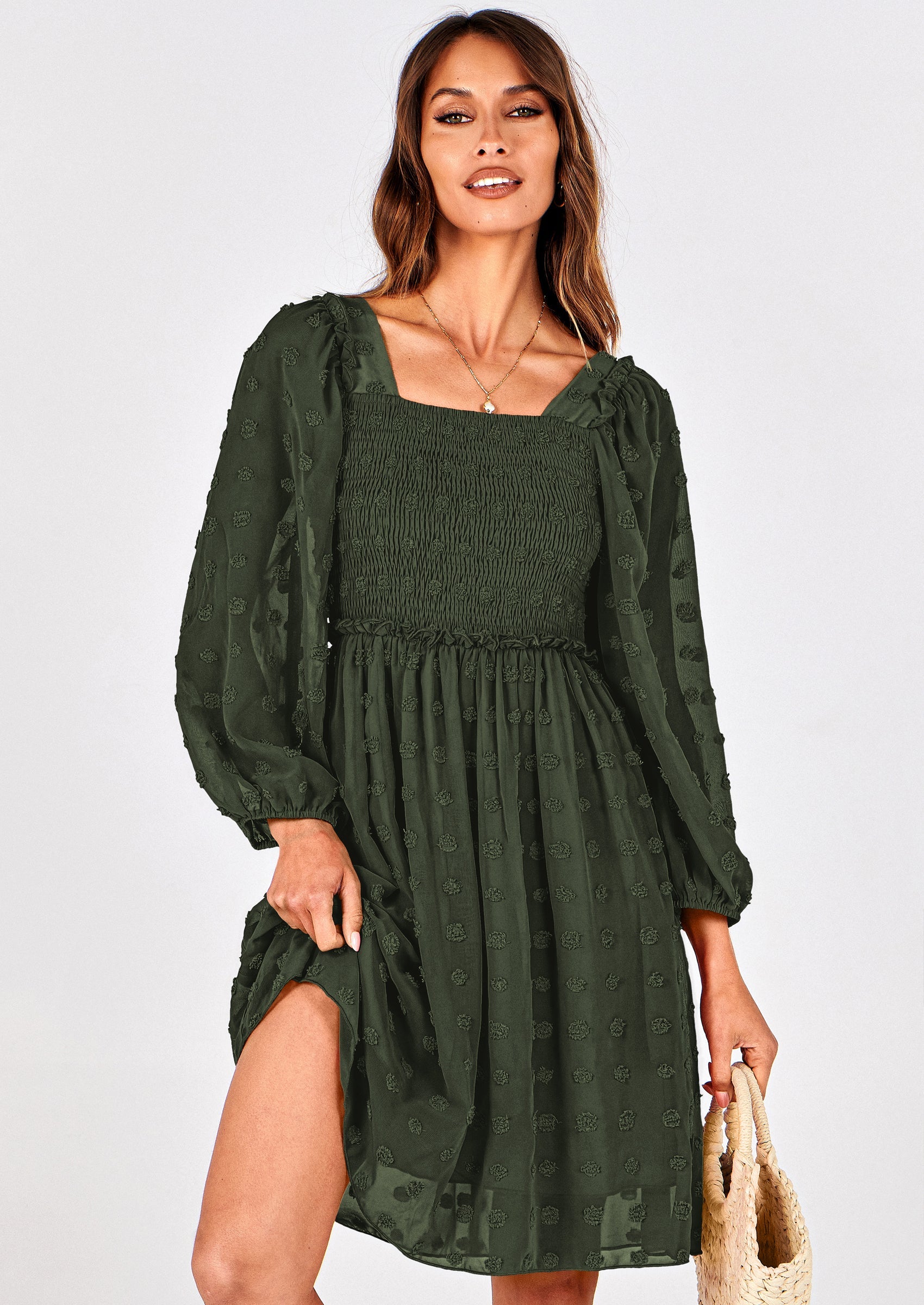 BTFBM Womens Long Sleeve Dress Vacation Square Neck Smocked Floral Swiss Dot Mini Boho Spring Wedding Guest Dresses 2026 PRETTYGARDEN