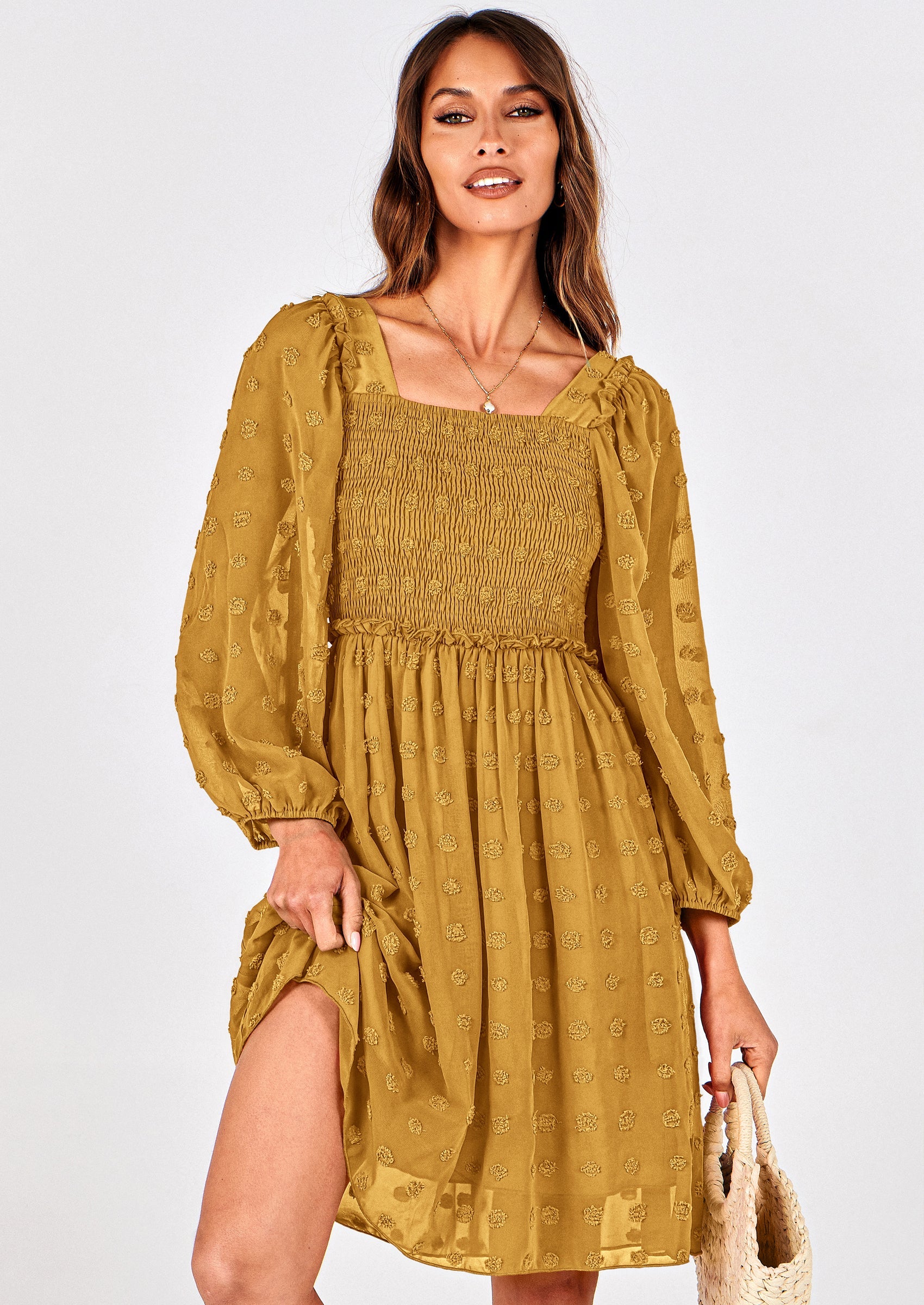 BTFBM Womens Long Sleeve Dress Vacation Square Neck Smocked Floral Swiss Dot Mini Boho Spring Wedding Guest Dresses 2026 PRETTYGARDEN