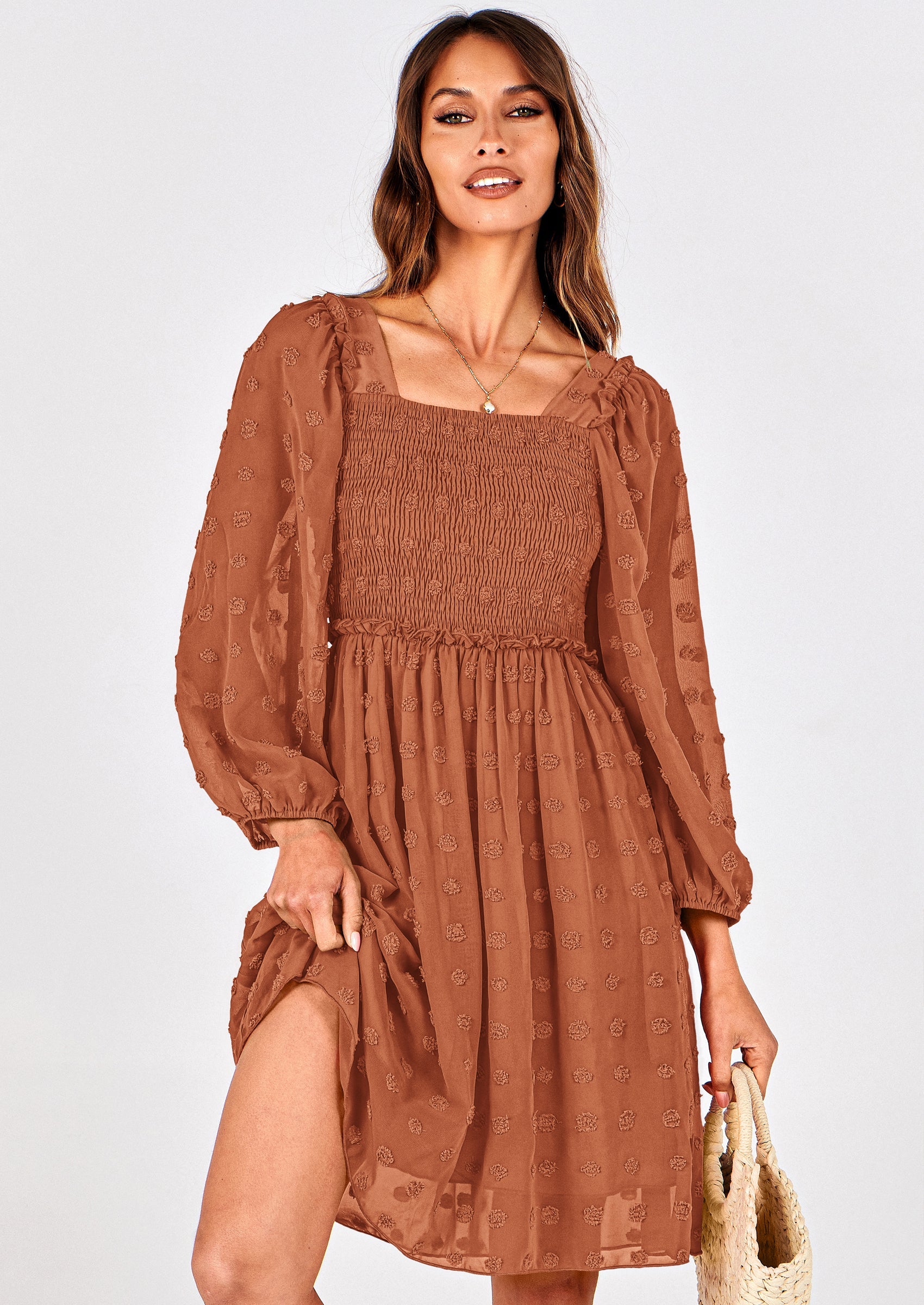 BTFBM Womens Long Sleeve Dress Vacation Square Neck Smocked Floral Swiss Dot Mini Boho Spring Wedding Guest Dresses 2026 PRETTYGARDEN