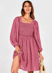 BTFBM Womens Long Sleeve Dress Vacation Square Neck Smocked Floral Swiss Dot Mini Boho Spring Wedding Guest Dresses 2026 PRETTYGARDEN