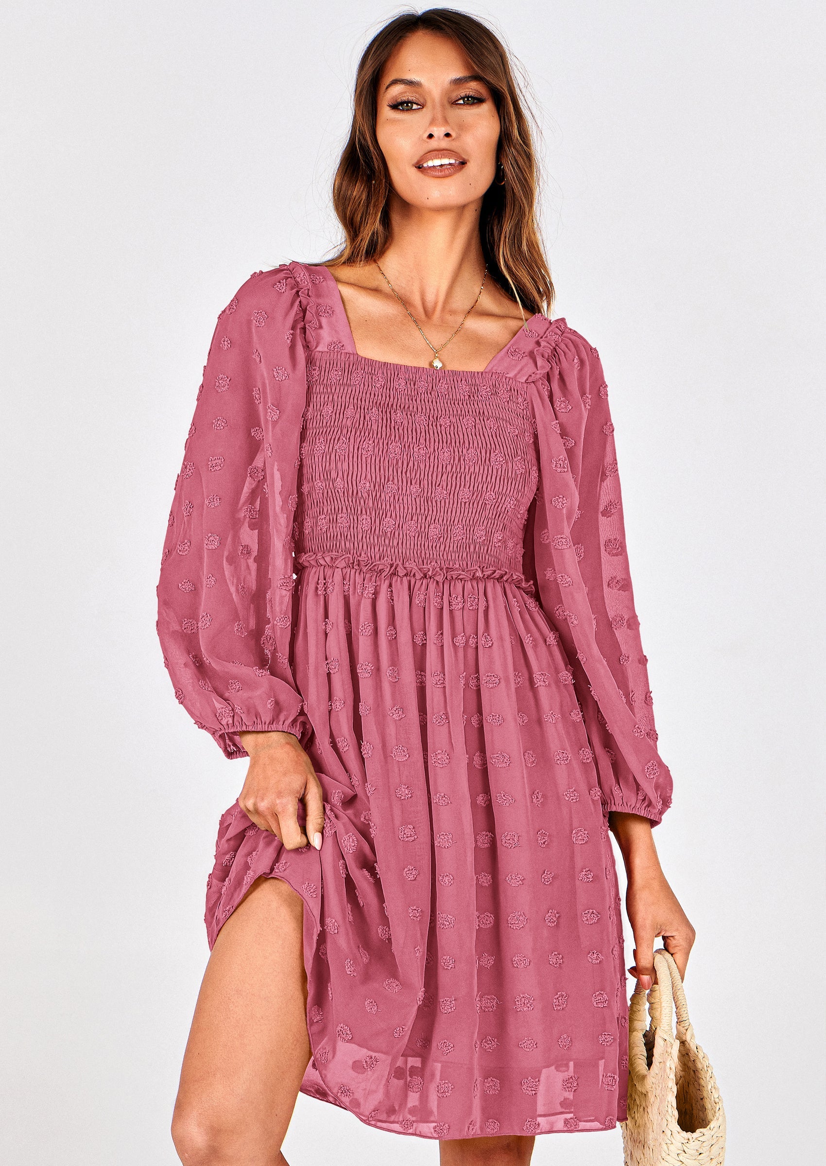 BTFBM Womens Long Sleeve Dress Vacation Square Neck Smocked Floral Swiss Dot Mini Boho Spring Wedding Guest Dresses 2026 PRETTYGARDEN