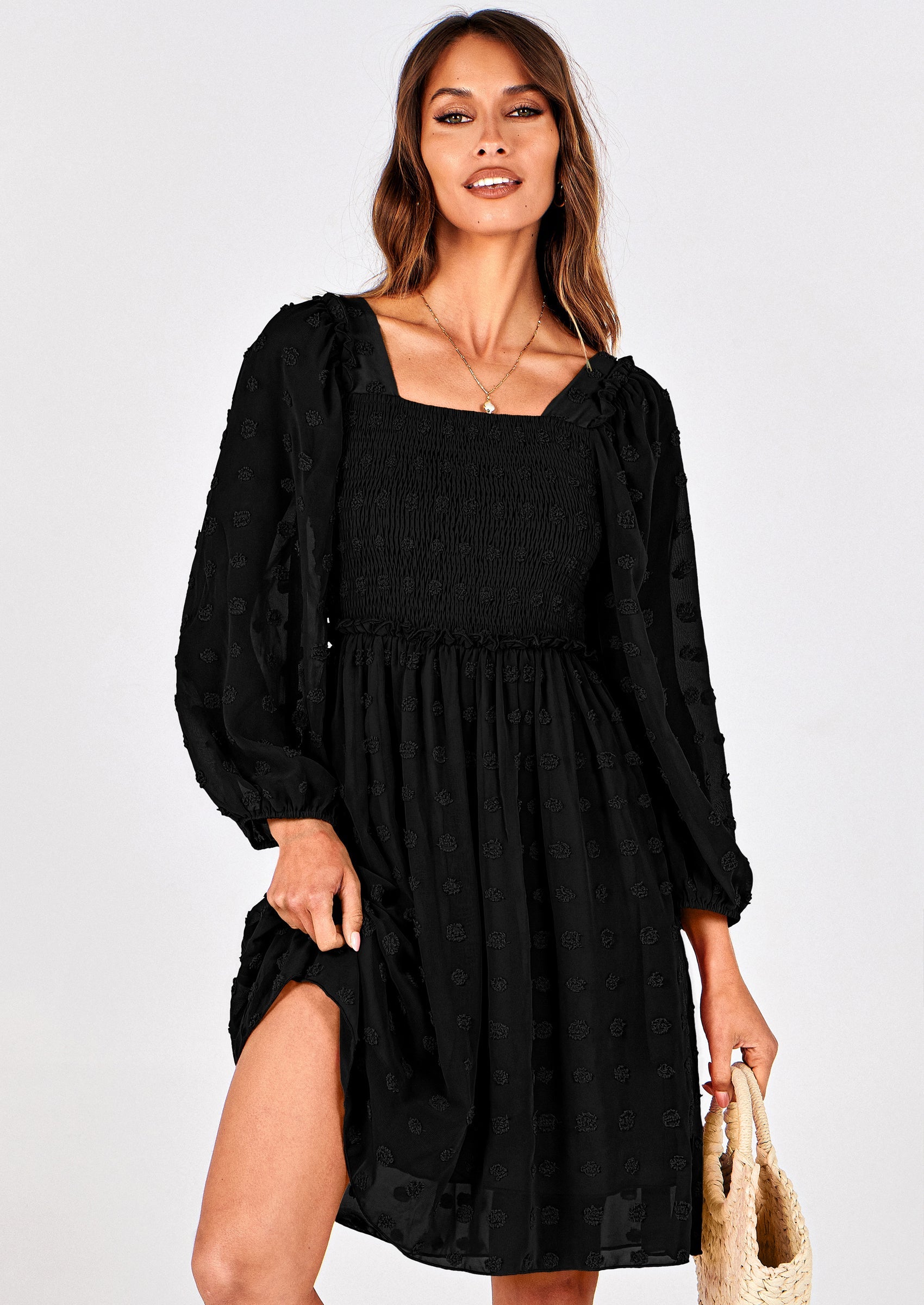 BTFBM Womens Long Sleeve Dress Vacation Square Neck Smocked Floral Swiss Dot Mini Boho Spring Wedding Guest Dresses 2026 PRETTYGARDEN