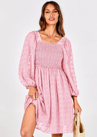 BTFBM Womens Long Sleeve Dress Vacation Square Neck Smocked Floral Swiss Dot Mini Boho Spring Wedding Guest Dresses 2026 PRETTYGARDEN