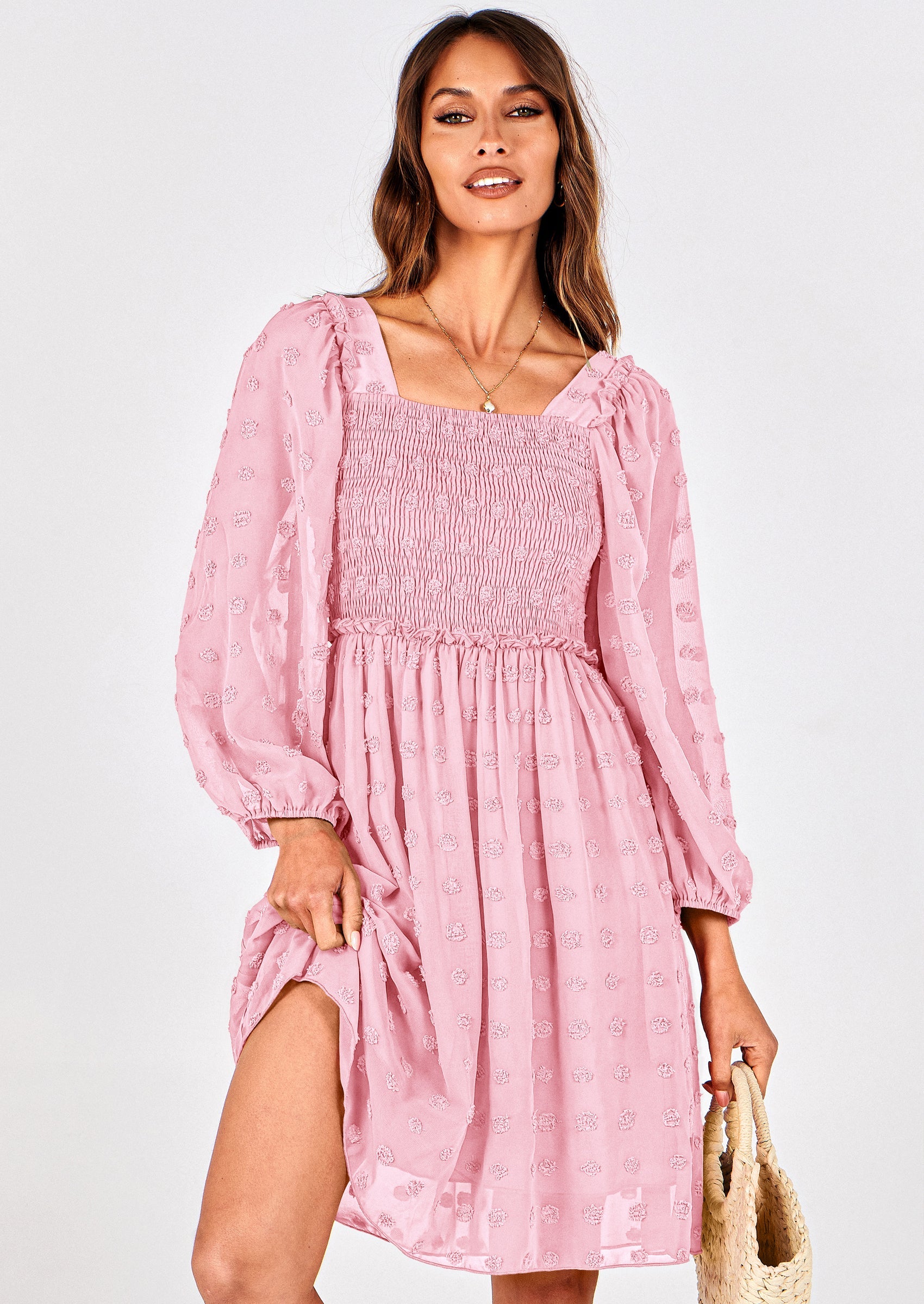 BTFBM Womens Long Sleeve Dress Vacation Square Neck Smocked Floral Swiss Dot Mini Boho Spring Wedding Guest Dresses 2026 PRETTYGARDEN