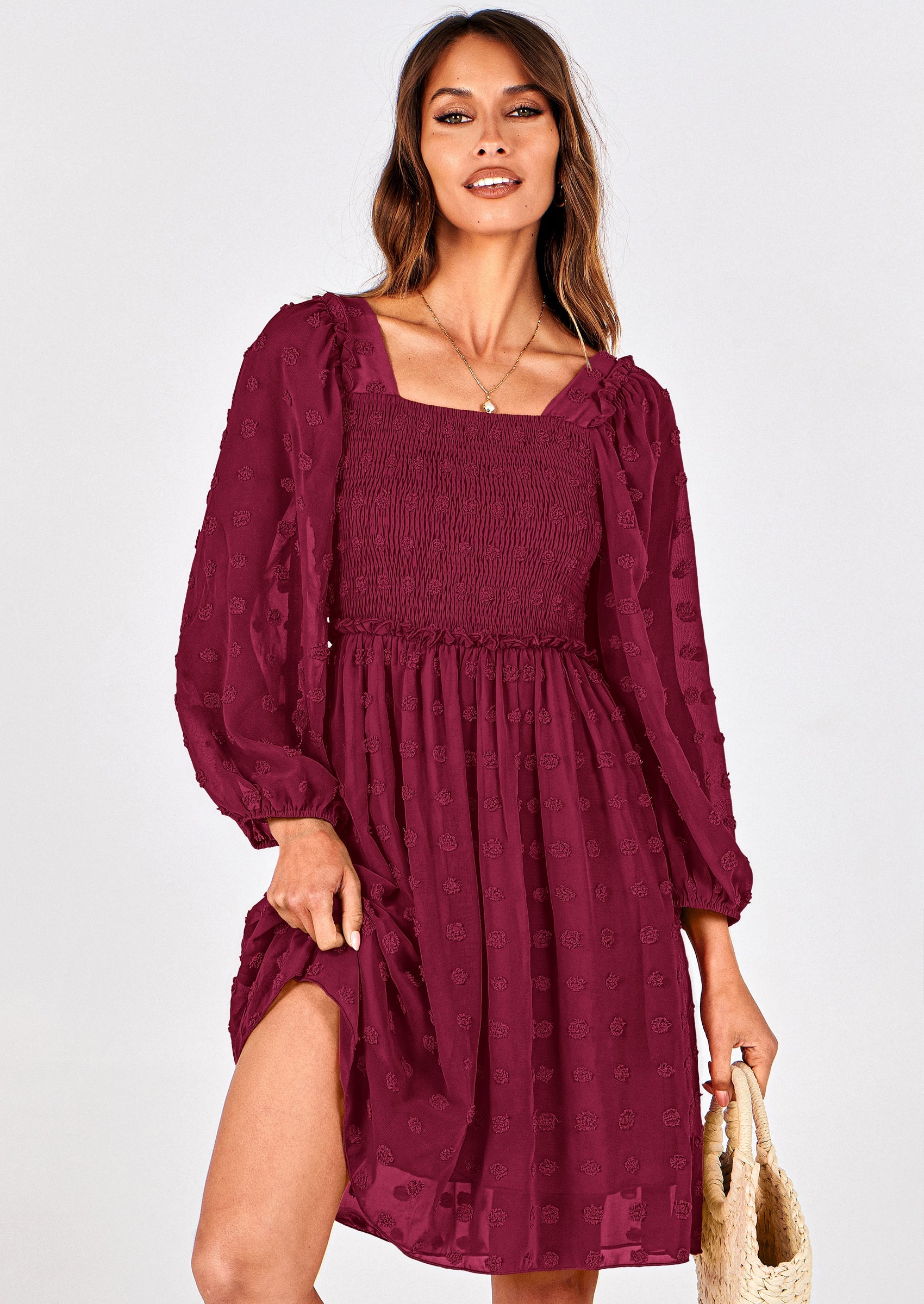 BTFBM Womens Long Sleeve Dress Vacation Square Neck Smocked Floral Swiss Dot Mini Boho Spring Wedding Guest Dresses 2026 PRETTYGARDEN