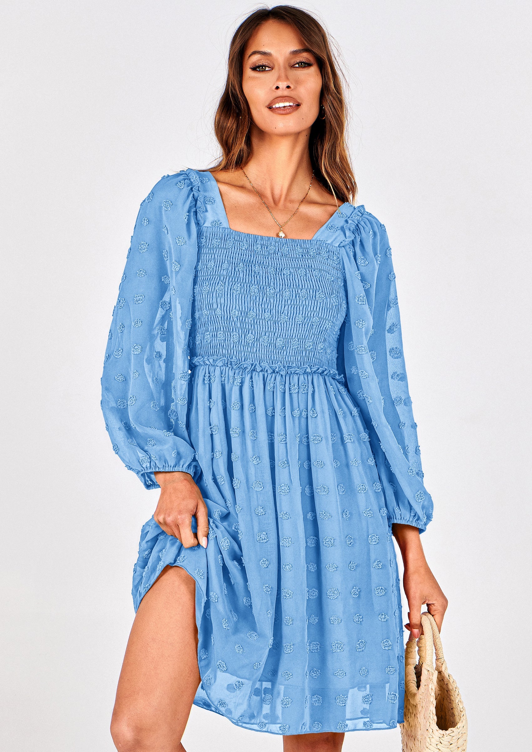 BTFBM Womens Long Sleeve Dress Vacation Square Neck Smocked Floral Swiss Dot Mini Boho Spring Wedding Guest Dresses 2026 PRETTYGARDEN