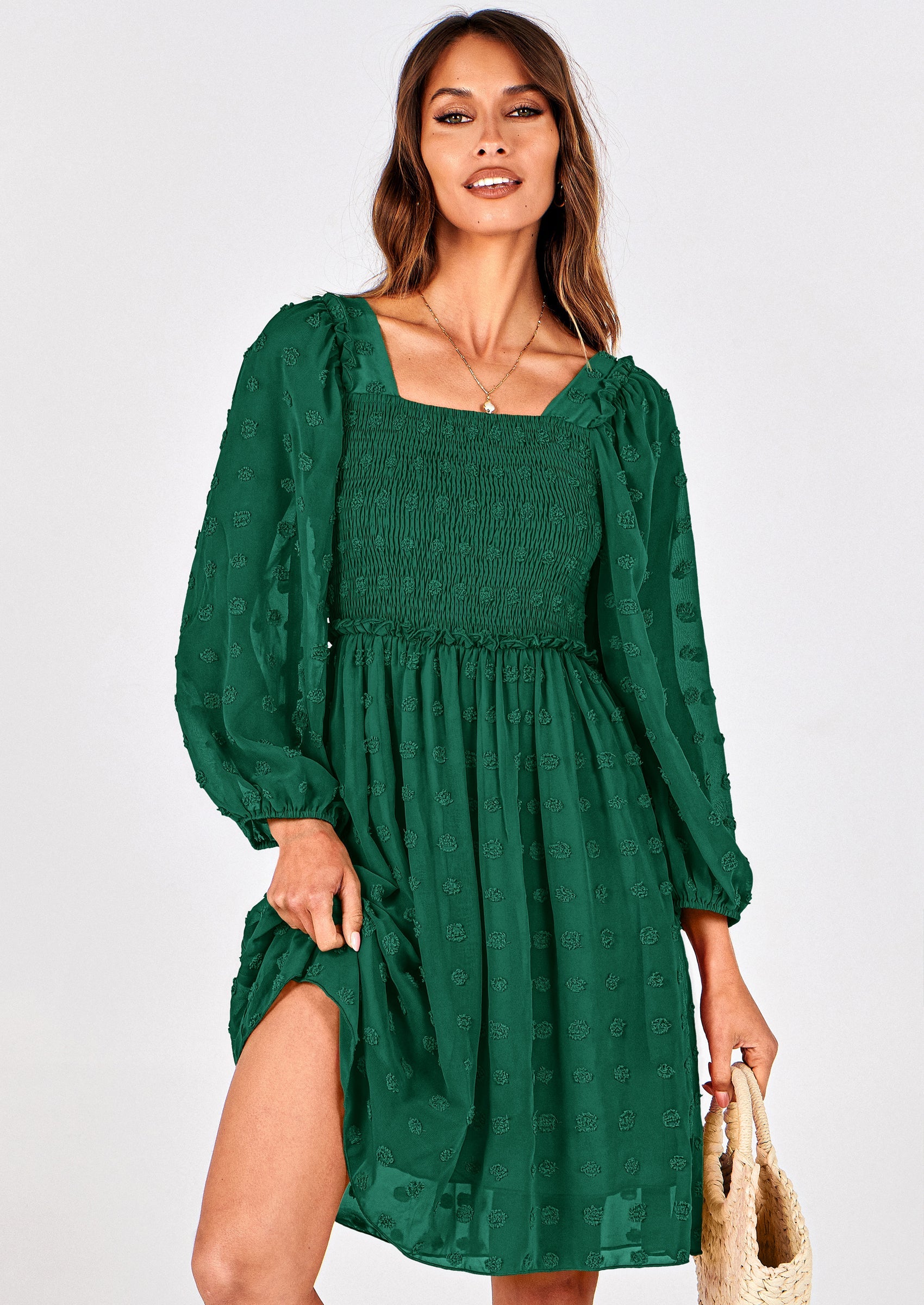 BTFBM Womens Long Sleeve Dress Vacation Square Neck Smocked Floral Swiss Dot Mini Boho Spring Wedding Guest Dresses 2026 PRETTYGARDEN