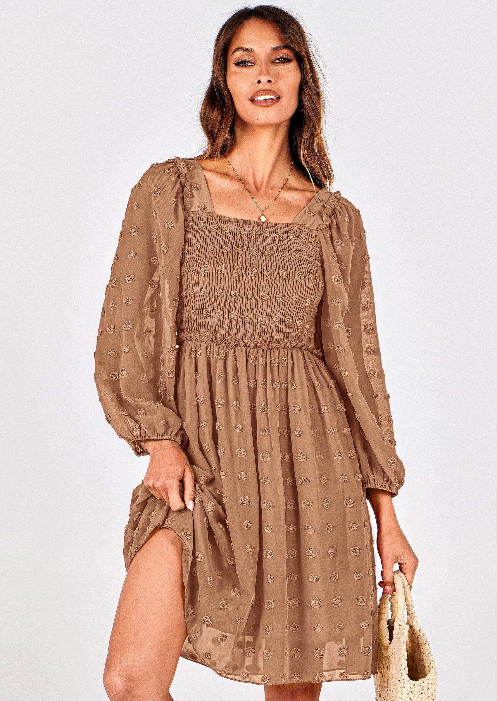 BTFBM Womens Long Sleeve Dress Vacation Square Neck Smocked Floral Swiss Dot Mini Boho Spring Wedding Guest Dresses 2026 PRETTYGARDEN