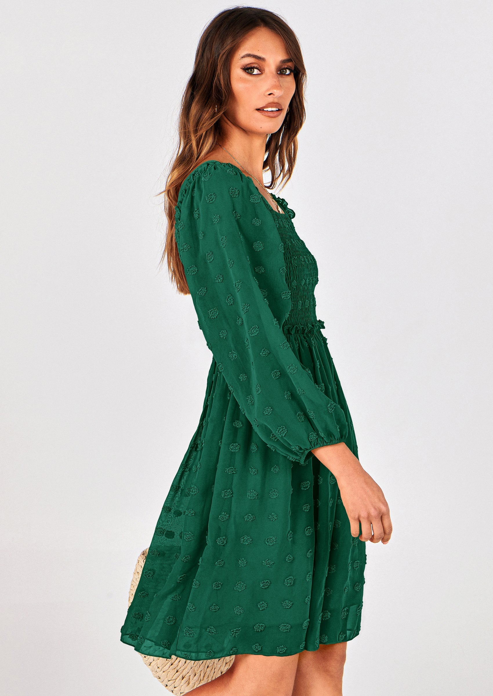 BTFBM Womens Long Sleeve Dress Vacation Square Neck Smocked Floral Swiss Dot Mini Boho Spring Wedding Guest Dresses 2026 PRETTYGARDEN