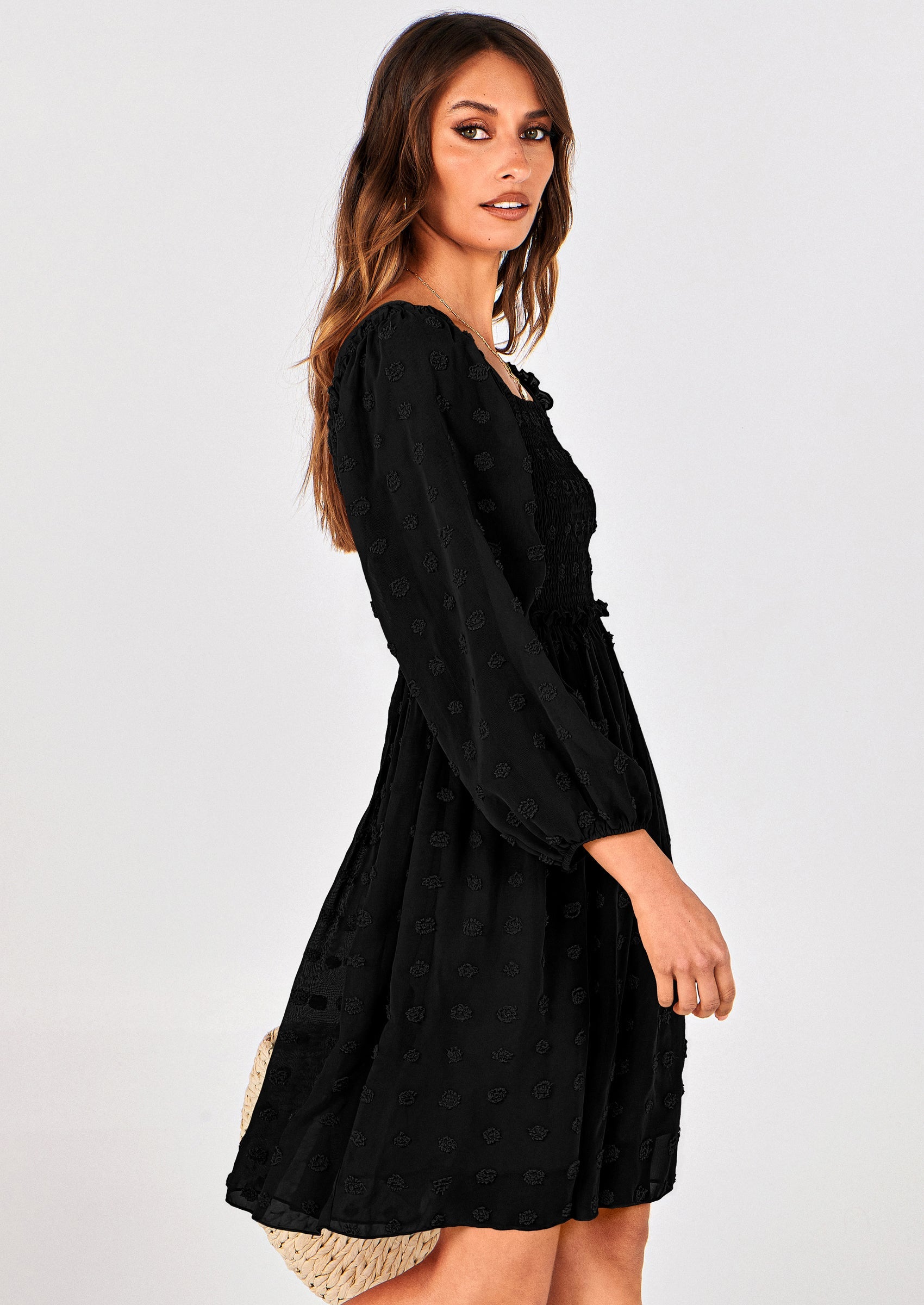 BTFBM Womens Long Sleeve Dress Vacation Square Neck Smocked Floral Swiss Dot Mini Boho Spring Wedding Guest Dresses 2026 PRETTYGARDEN