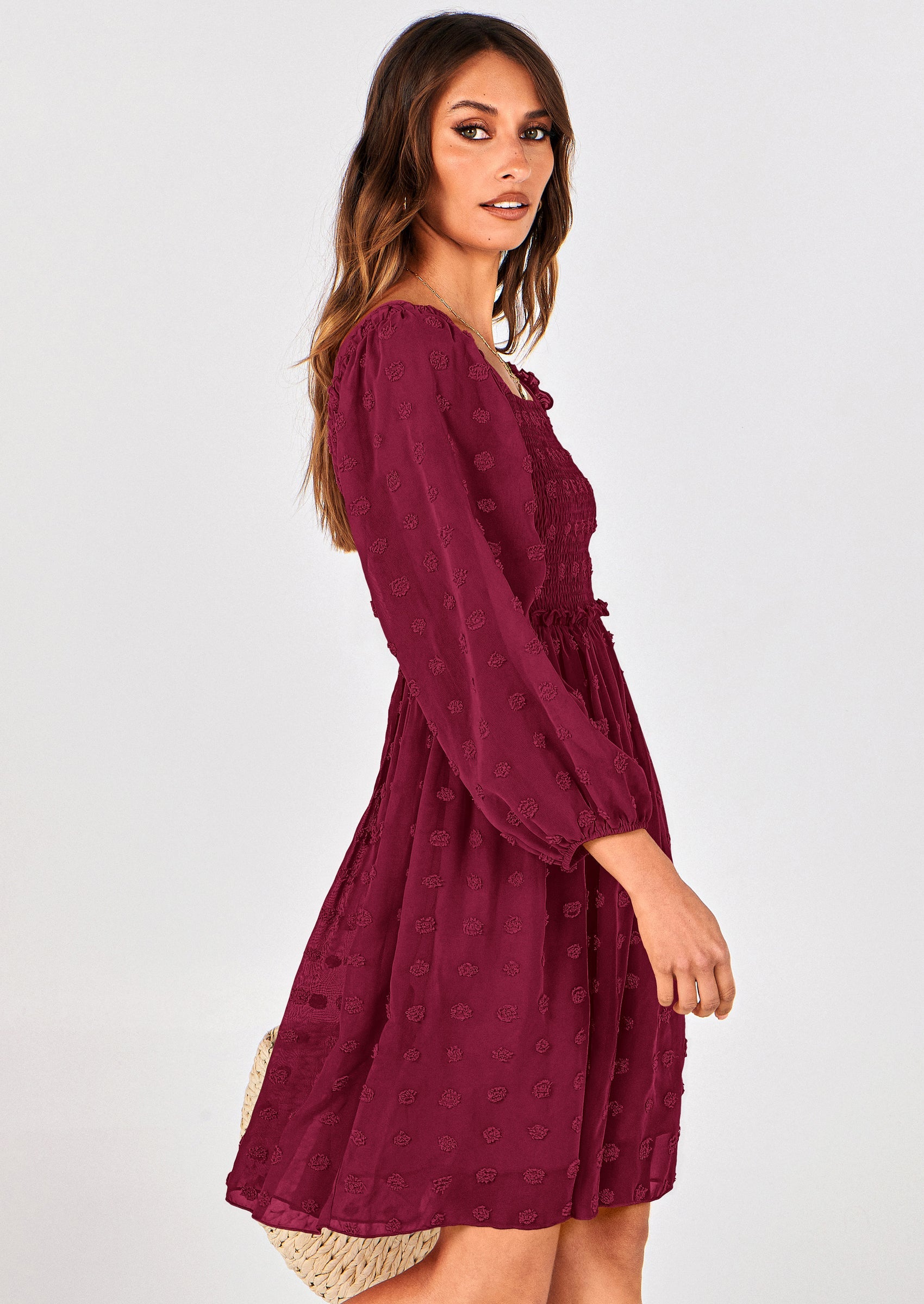 BTFBM Womens Long Sleeve Dress Vacation Square Neck Smocked Floral Swiss Dot Mini Boho Spring Wedding Guest Dresses 2026 PRETTYGARDEN