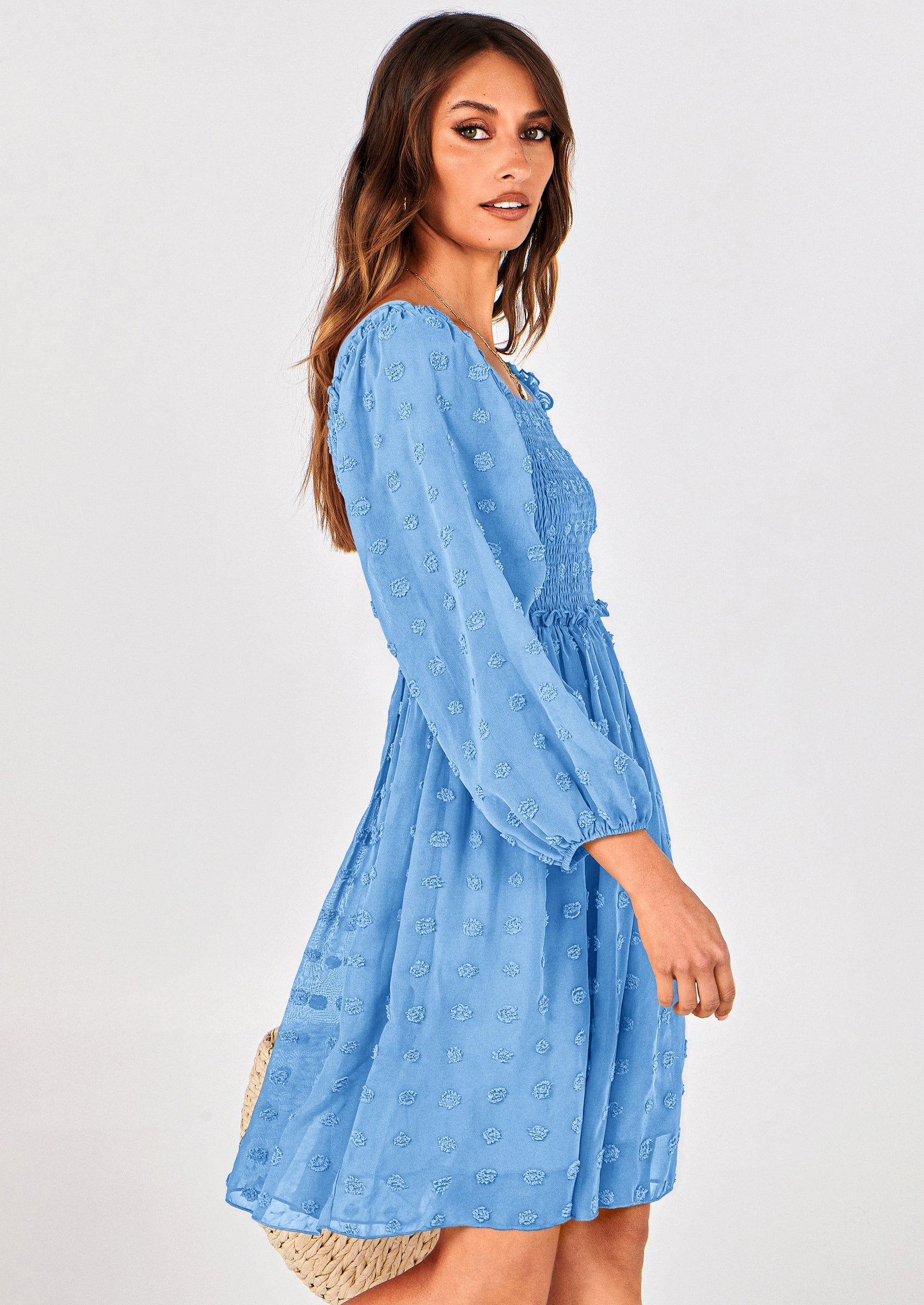 BTFBM Womens Long Sleeve Dress Vacation Square Neck Smocked Floral Swiss Dot Mini Boho Spring Wedding Guest Dresses 2026 PRETTYGARDEN