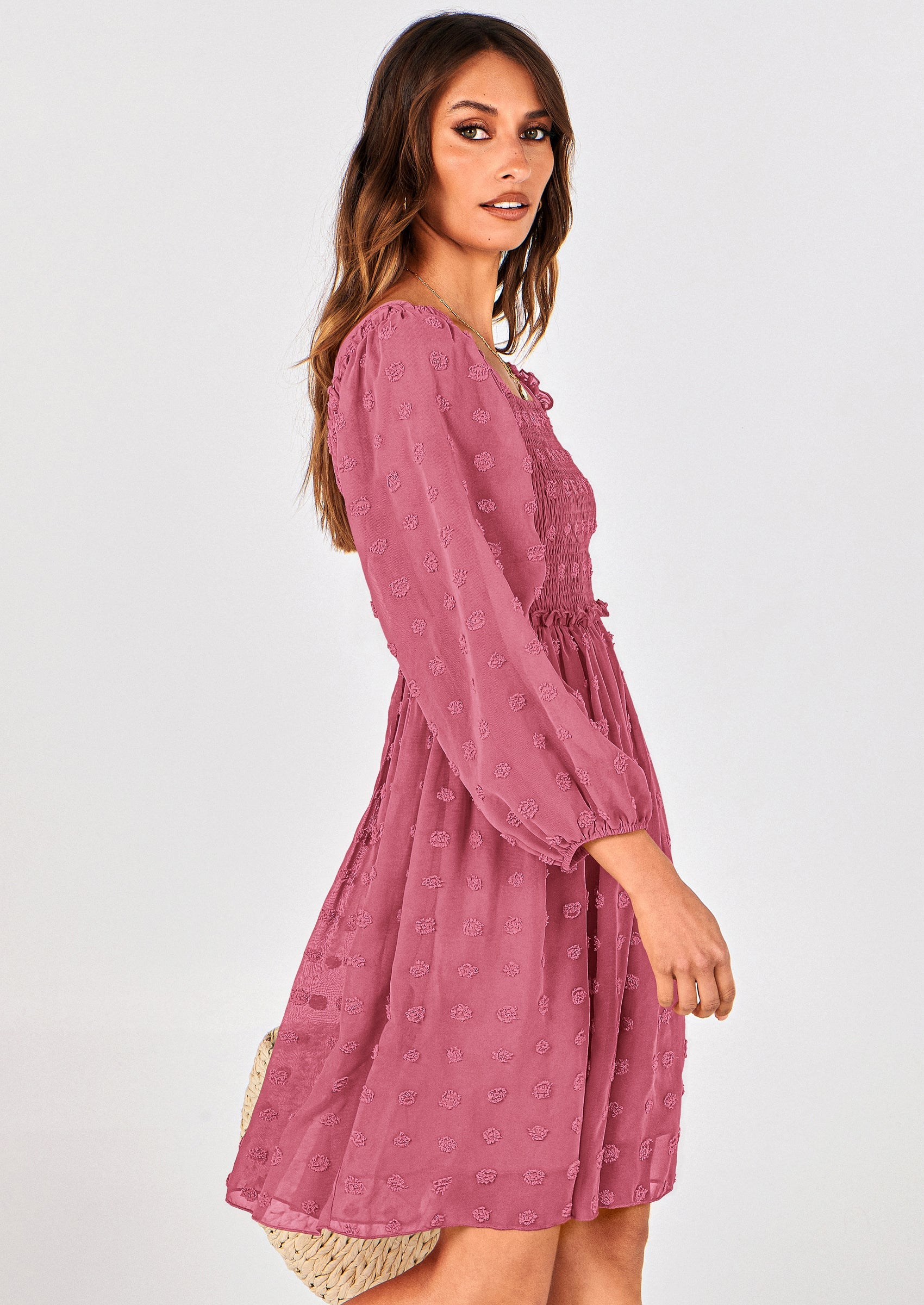 BTFBM Womens Long Sleeve Dress Vacation Square Neck Smocked Floral Swiss Dot Mini Boho Spring Wedding Guest Dresses 2026 PRETTYGARDEN