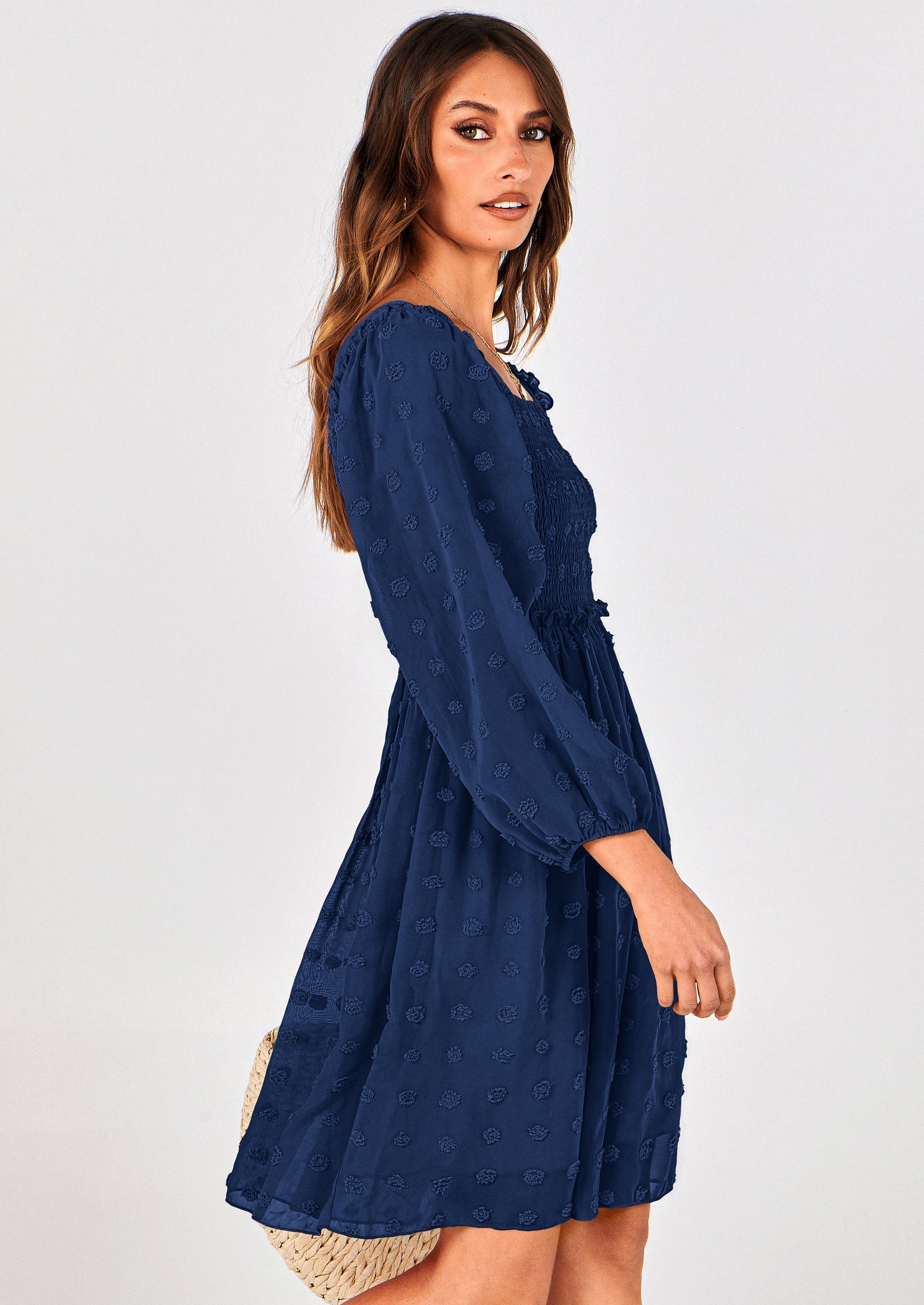 BTFBM Womens Long Sleeve Dress Vacation Square Neck Smocked Floral Swiss Dot Mini Boho Spring Wedding Guest Dresses 2026 PRETTYGARDEN