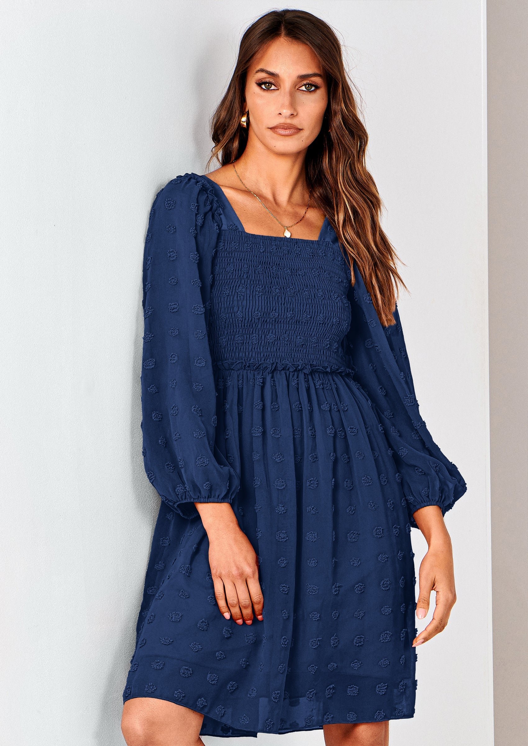 BTFBM Womens Long Sleeve Dress Vacation Square Neck Smocked Floral Swiss Dot Mini Boho Spring Wedding Guest Dresses 2026 PRETTYGARDEN