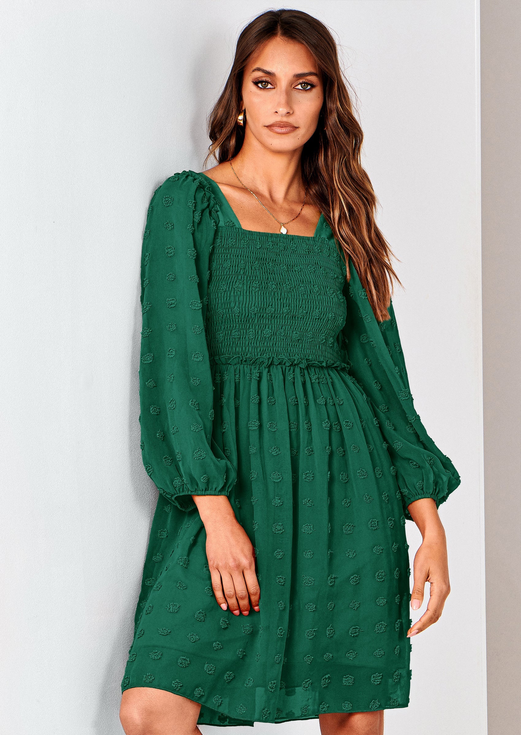 BTFBM Womens Long Sleeve Dress Vacation Square Neck Smocked Floral Swiss Dot Mini Boho Spring Wedding Guest Dresses 2026 PRETTYGARDEN