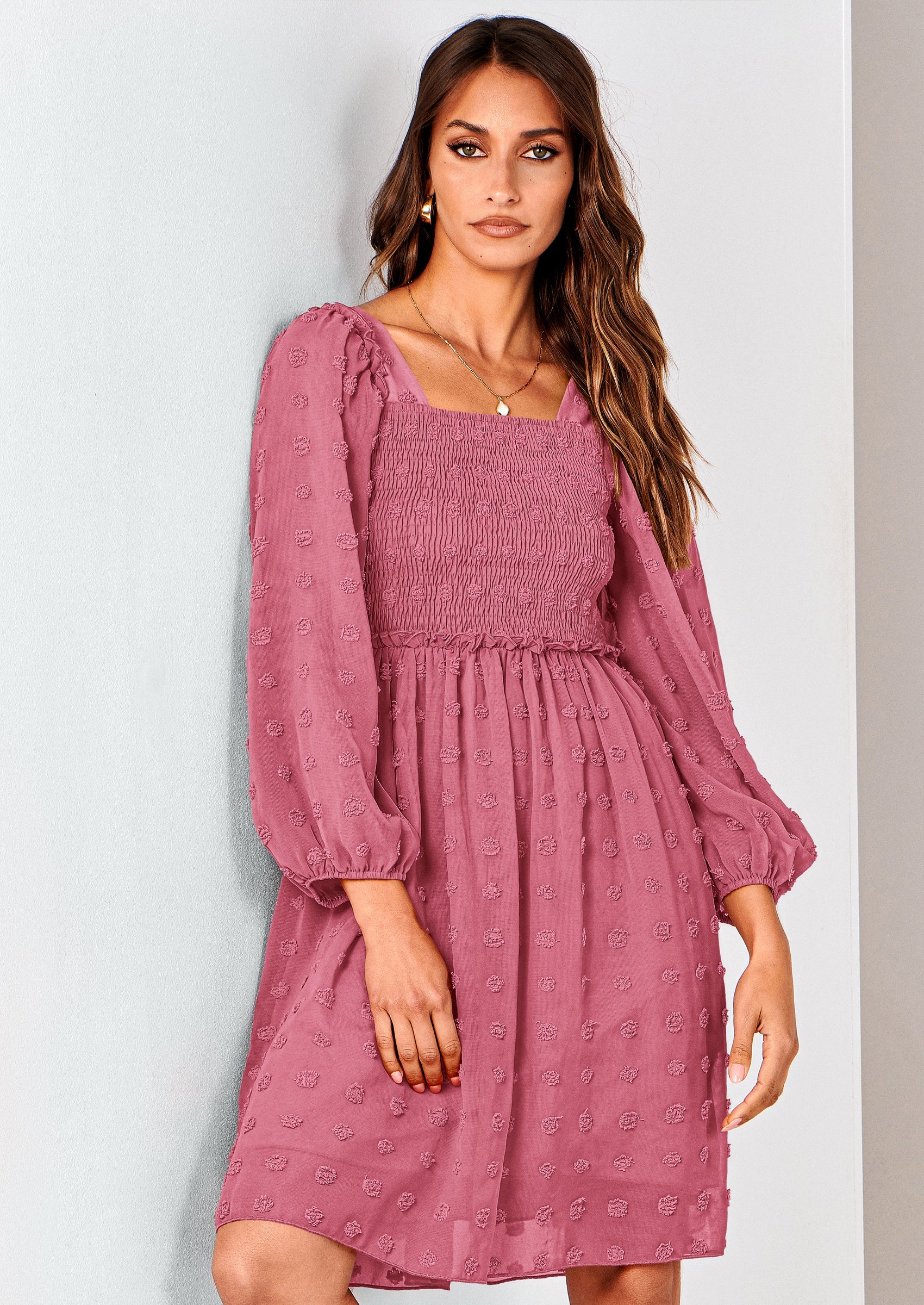 BTFBM Womens Long Sleeve Dress Vacation Square Neck Smocked Floral Swiss Dot Mini Boho Spring Wedding Guest Dresses 2026 PRETTYGARDEN