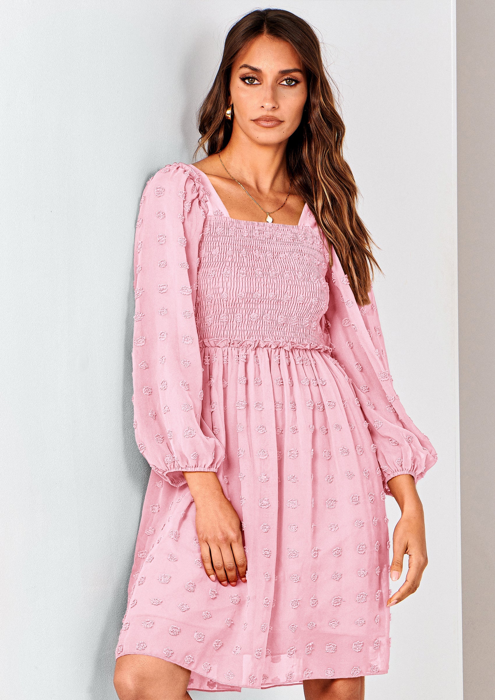 BTFBM Womens Long Sleeve Dress Vacation Square Neck Smocked Floral Swiss Dot Mini Boho Spring Wedding Guest Dresses 2026 PRETTYGARDEN