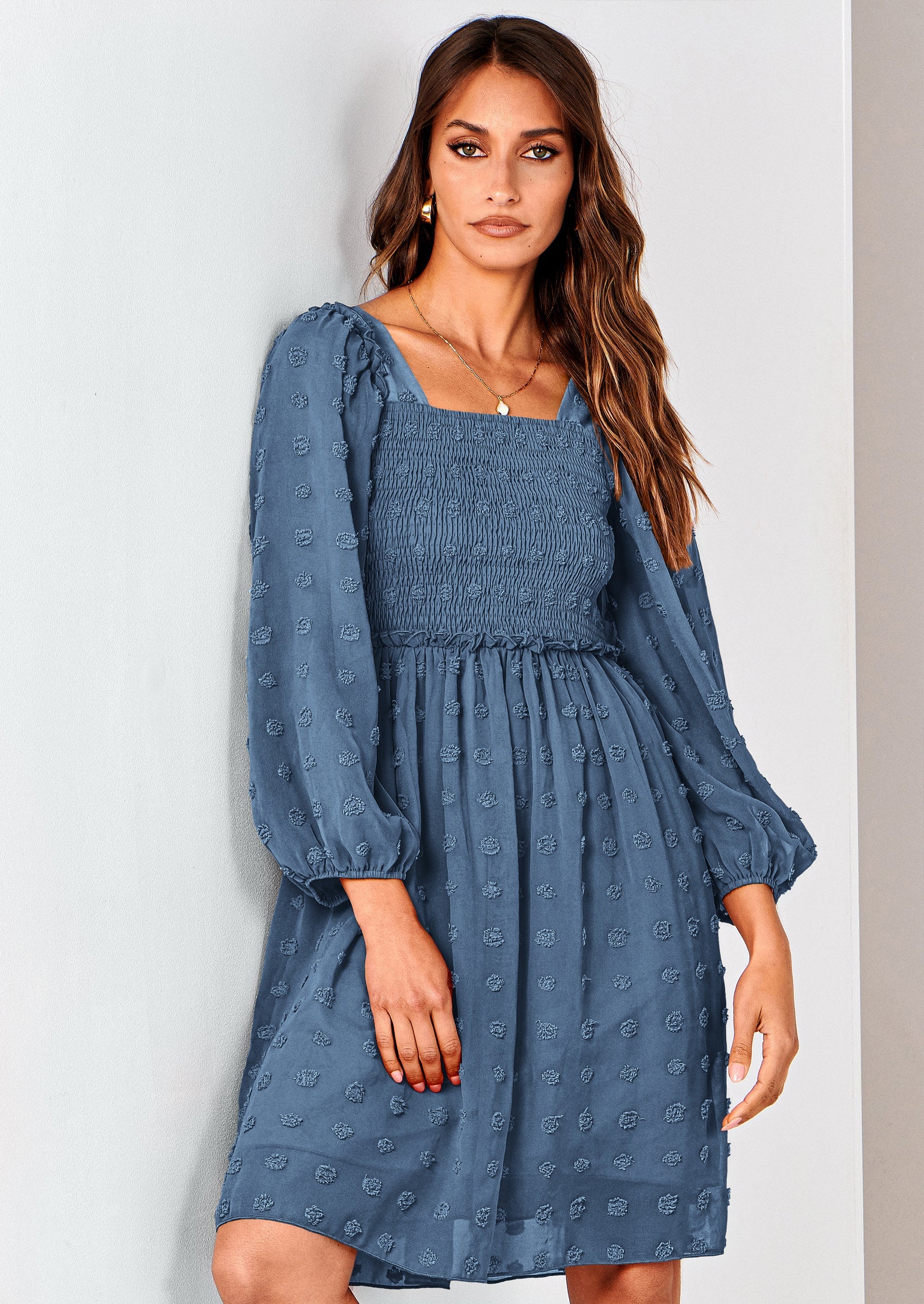 BTFBM Womens Long Sleeve Dress Vacation Square Neck Smocked Floral Swiss Dot Mini Boho Spring Wedding Guest Dresses 2026 PRETTYGARDEN