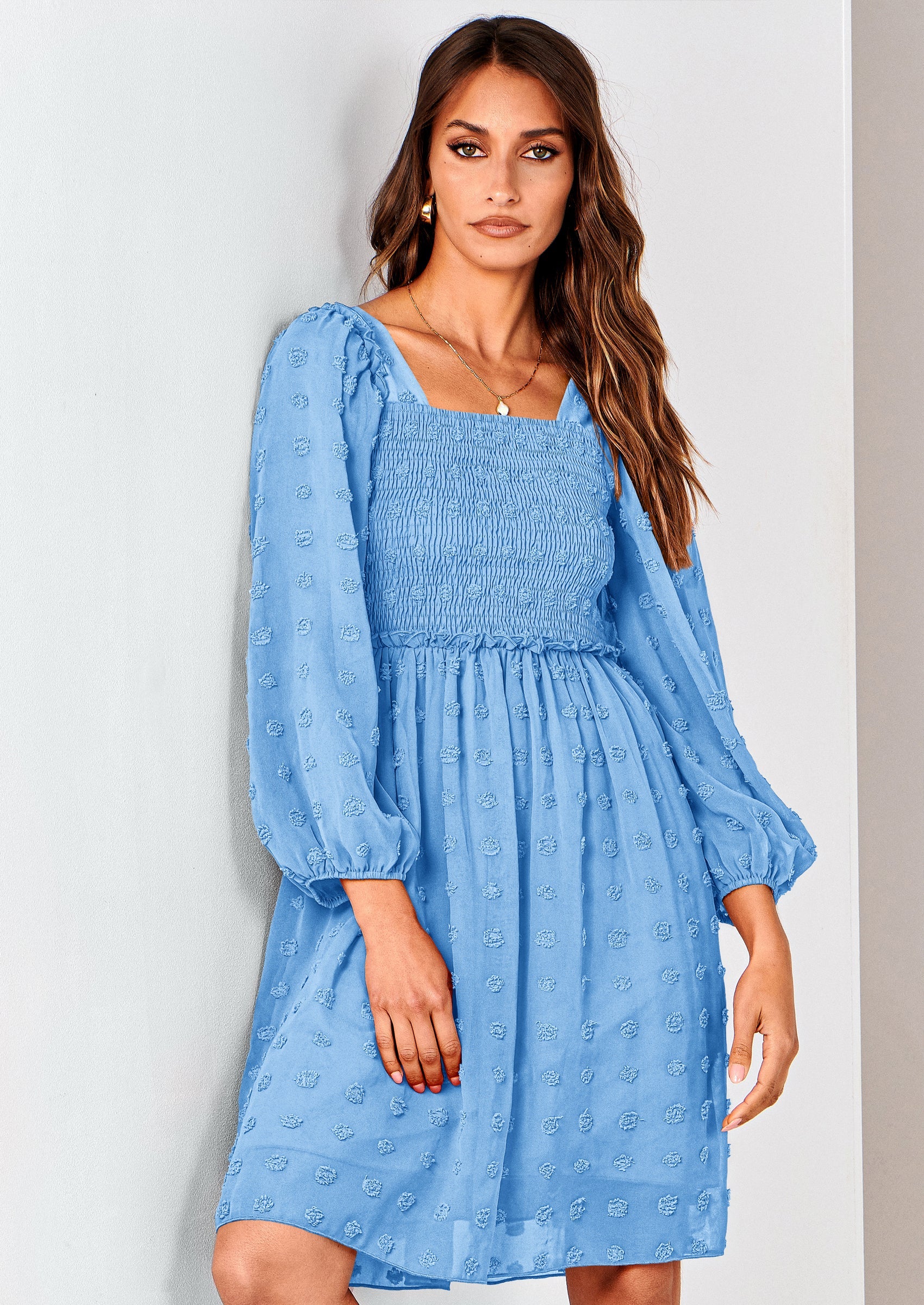 BTFBM Womens Long Sleeve Dress Vacation Square Neck Smocked Floral Swiss Dot Mini Boho Spring Wedding Guest Dresses 2026 PRETTYGARDEN