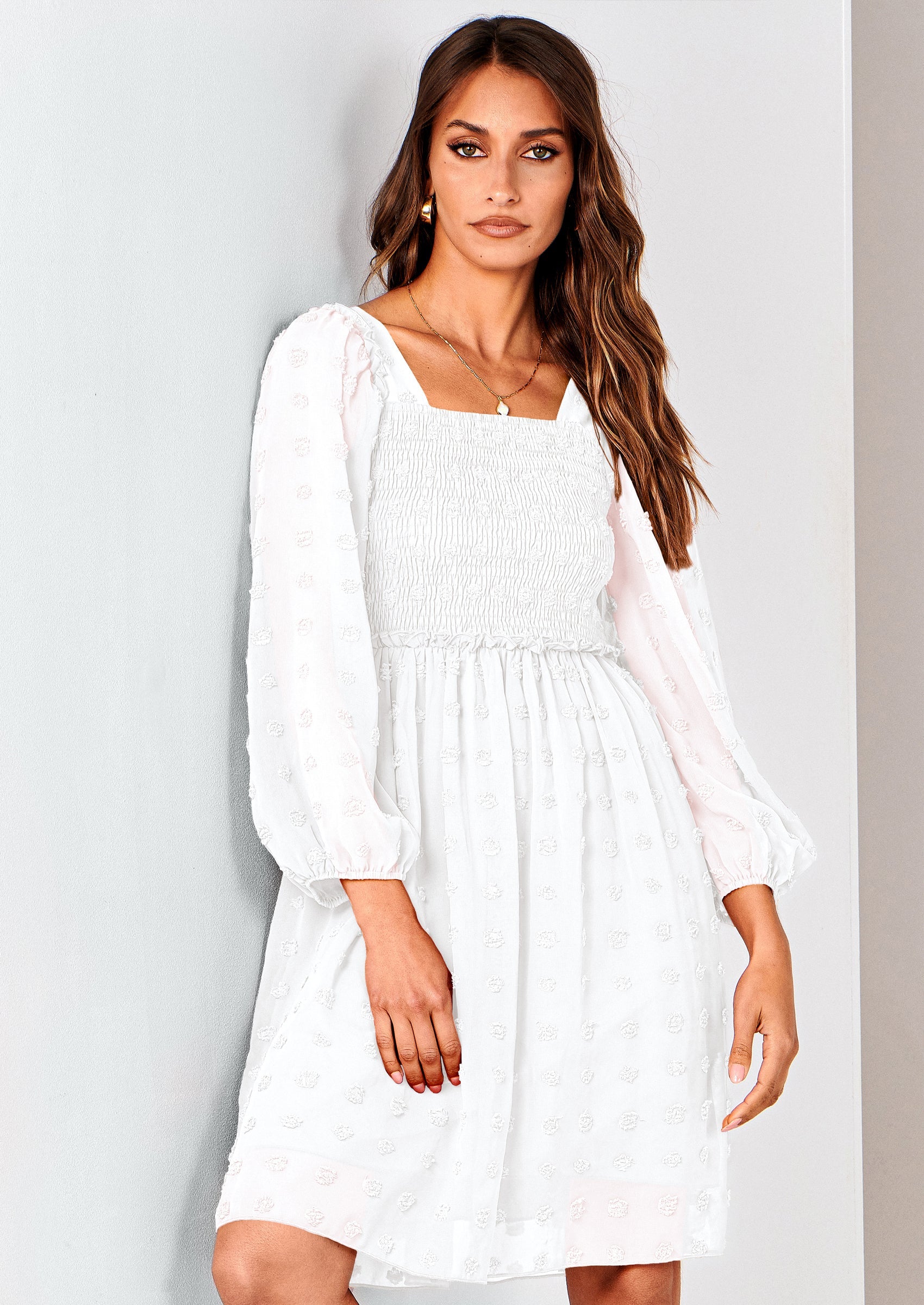 BTFBM Womens Long Sleeve Dress Vacation Square Neck Smocked Floral Swiss Dot Mini Boho Spring Wedding Guest Dresses 2026 PRETTYGARDEN