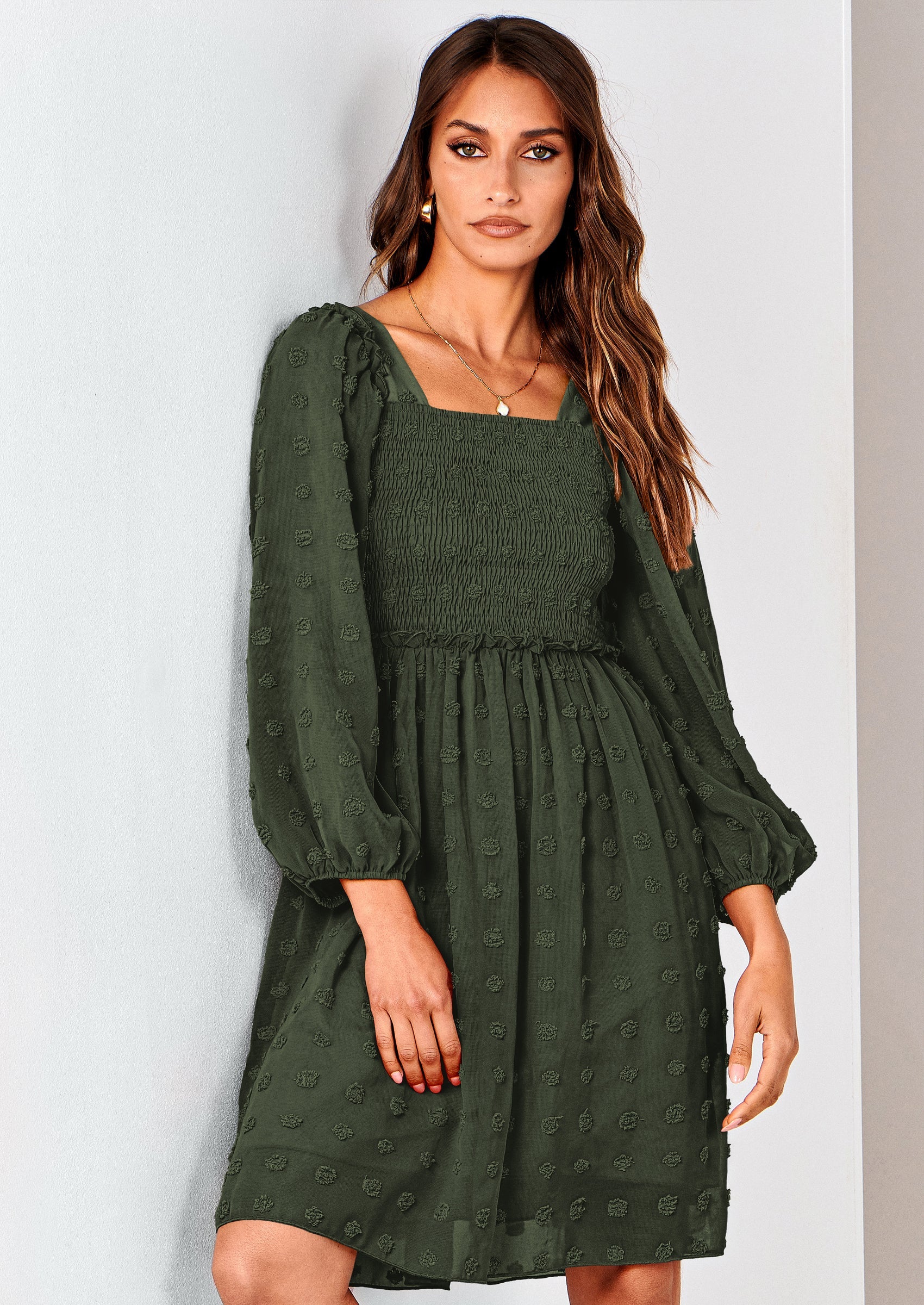 BTFBM Womens Long Sleeve Dress Vacation Square Neck Smocked Floral Swiss Dot Mini Boho Spring Wedding Guest Dresses 2026 PRETTYGARDEN