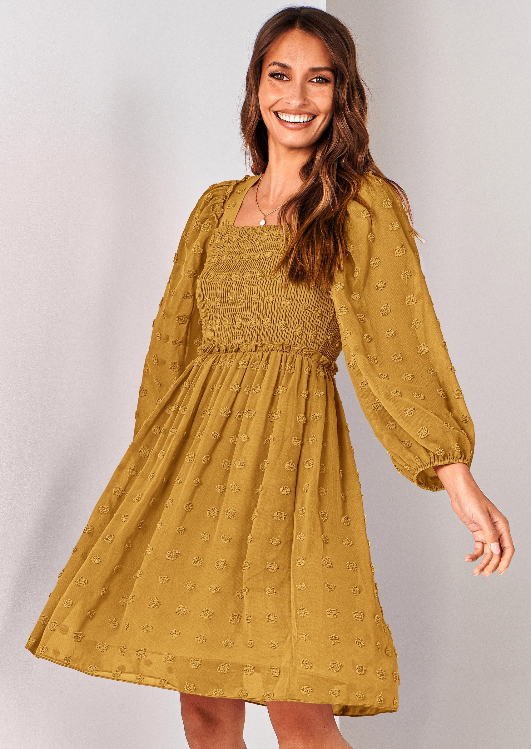 BTFBM Womens Long Sleeve Dress Vacation Square Neck Smocked Floral Swiss Dot Mini Boho Spring Wedding Guest Dresses 2026 PRETTYGARDEN