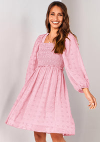 BTFBM Womens Long Sleeve Dress Vacation Square Neck Smocked Floral Swiss Dot Mini Boho Spring Wedding Guest Dresses 2026 PRETTYGARDEN