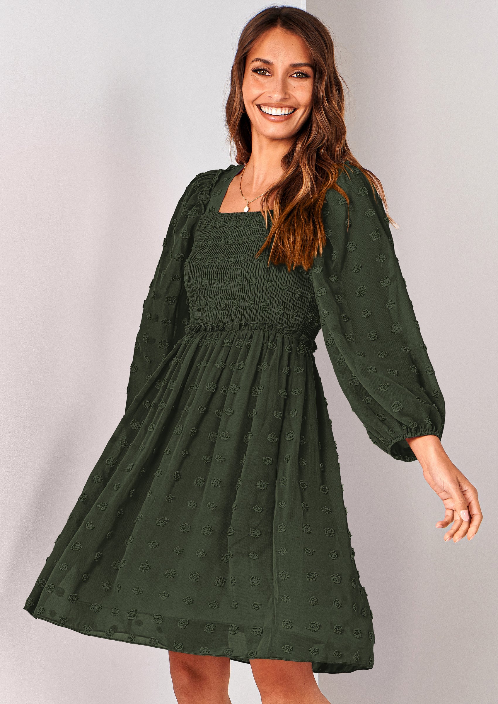 BTFBM Womens Long Sleeve Dress Vacation Square Neck Smocked Floral Swiss Dot Mini Boho Spring Wedding Guest Dresses 2026 PRETTYGARDEN