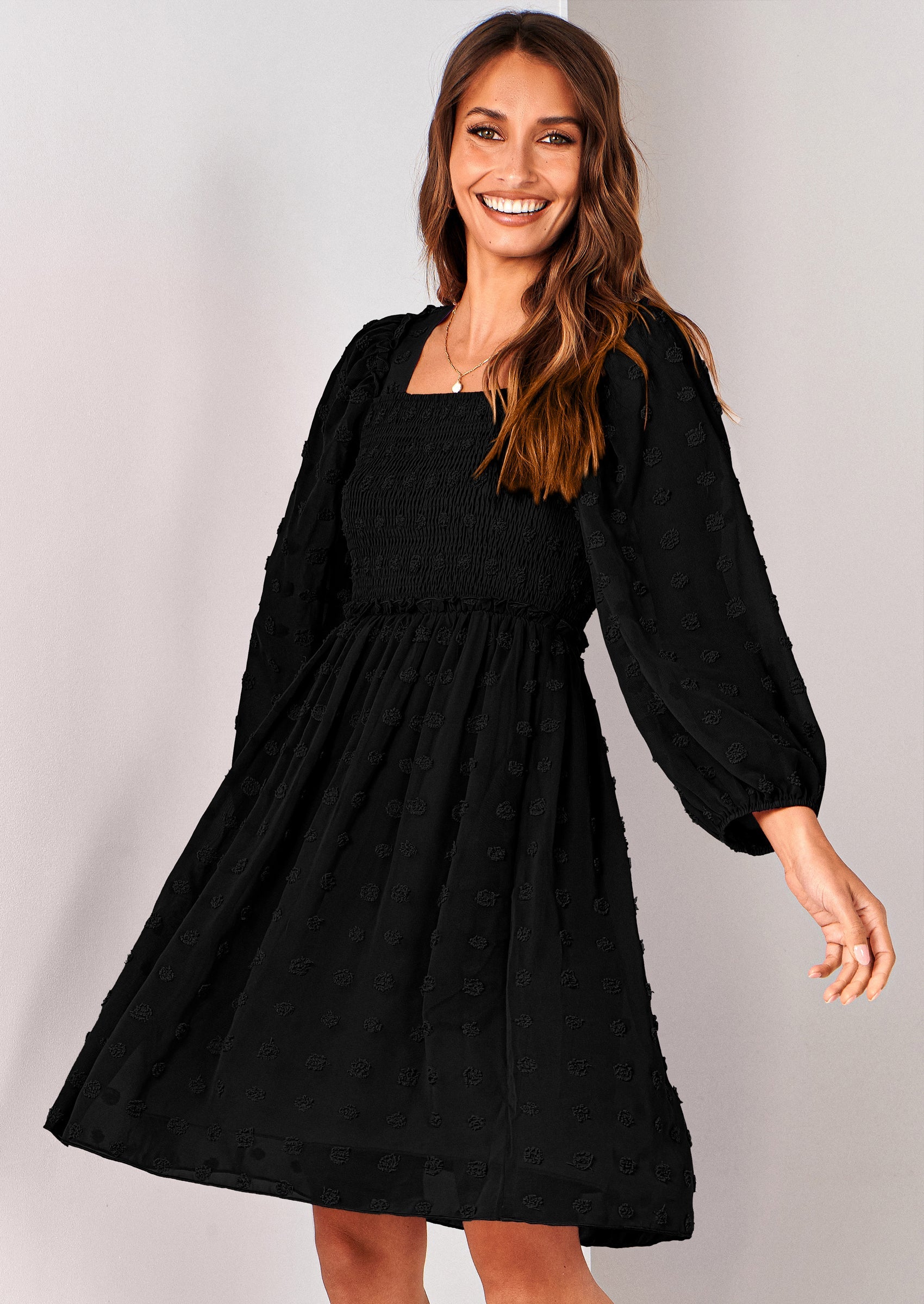 BTFBM Womens Long Sleeve Dress Vacation Square Neck Smocked Floral Swiss Dot Mini Boho Spring Wedding Guest Dresses 2026 PRETTYGARDEN