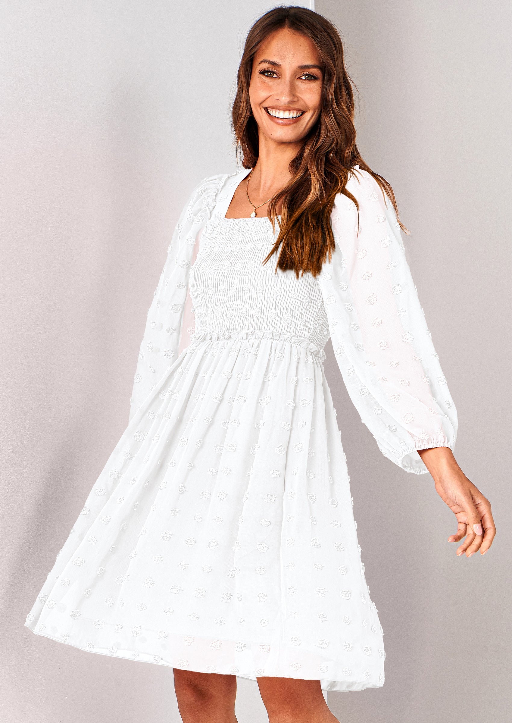 BTFBM Womens Long Sleeve Dress Vacation Square Neck Smocked Floral Swiss Dot Mini Boho Spring Wedding Guest Dresses 2026 PRETTYGARDEN