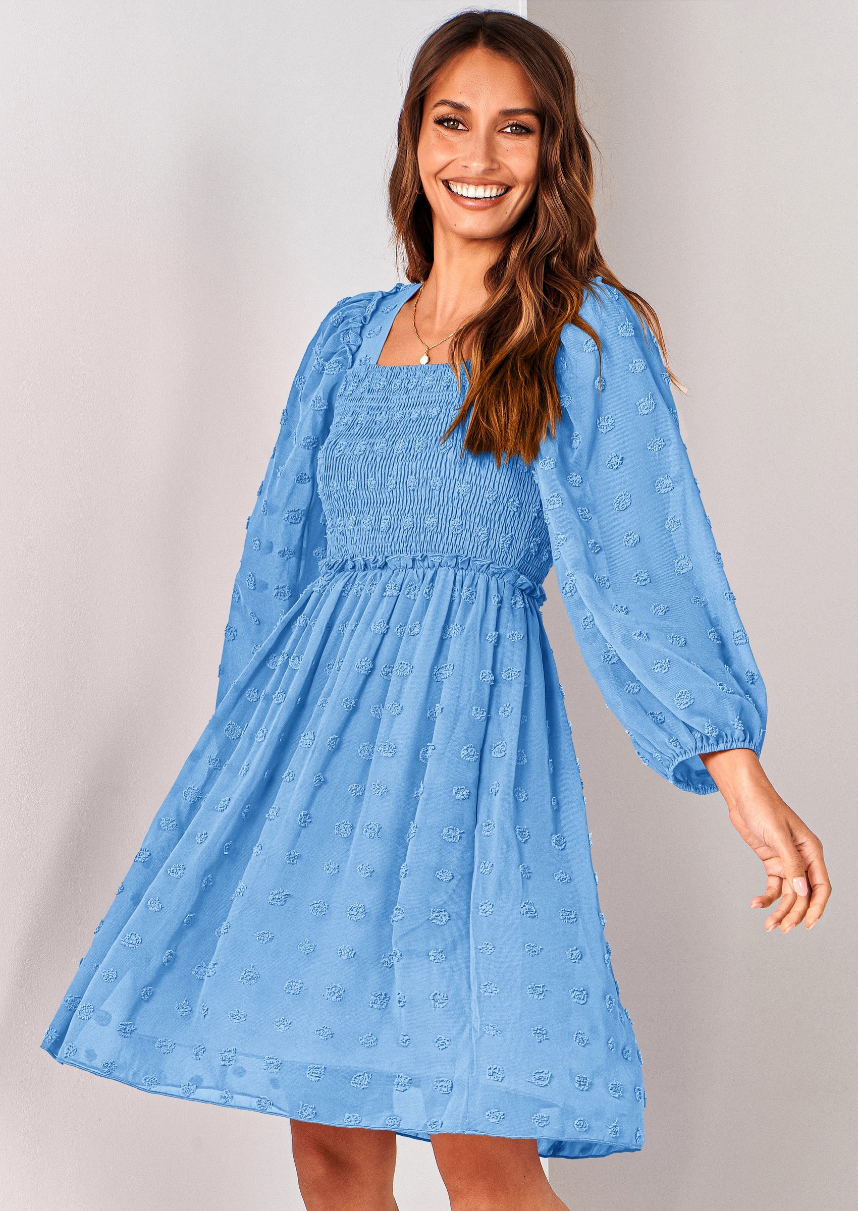 BTFBM Womens Long Sleeve Dress Vacation Square Neck Smocked Floral Swiss Dot Mini Boho Spring Wedding Guest Dresses 2026 PRETTYGARDEN